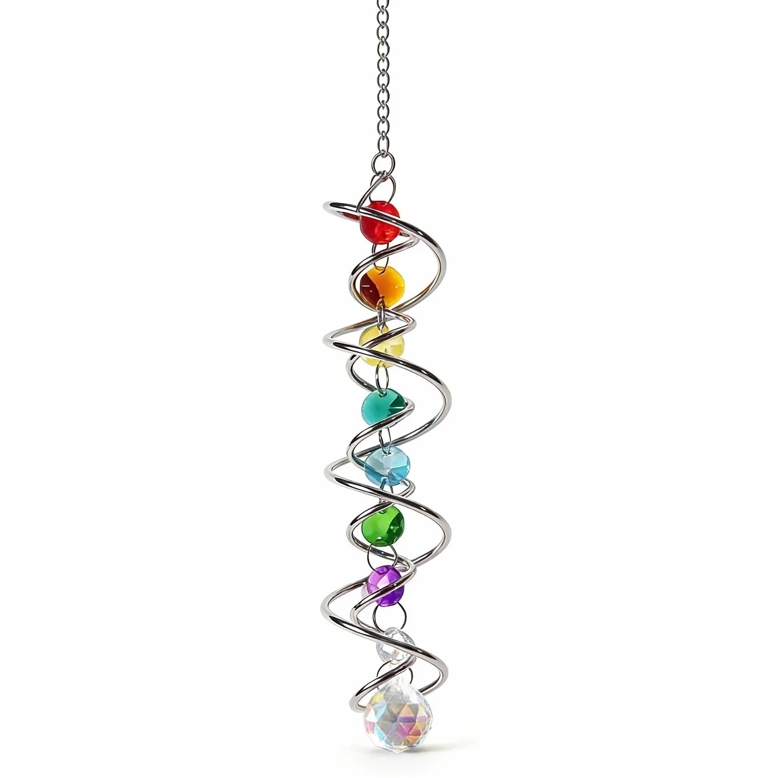 Atrapasoles Cristal con Doble Espiral, Atrapasol Suncatcher Colgante Campana de Viento Decorativa con Siete Perlas de Chakra y Bola de Cristal para Ventana Jardín Boda 45 CM