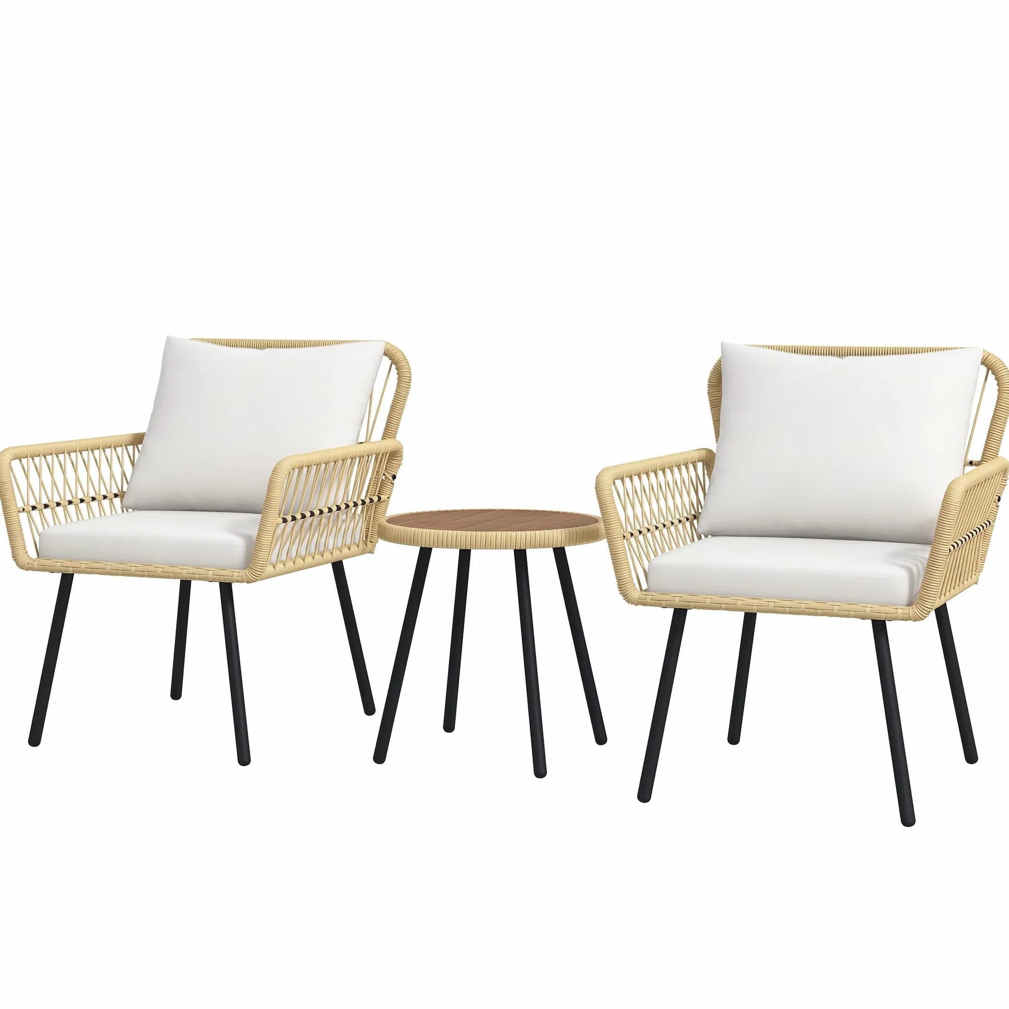 Outsunny Conjunto de Muebles de Jardín Juego de 3 Piezas Sillas y Mesa de Ratán con 2 Sillas 1 Mesa de Centro Redonda y Cojines para Terraza Césped Balcón Natural