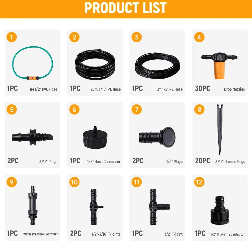Hoteche Micro sistema de riego por goteo con 30 goteros ajustables, manguera de 20 m, incluye adaptador y accesorios para jardín/invernadero