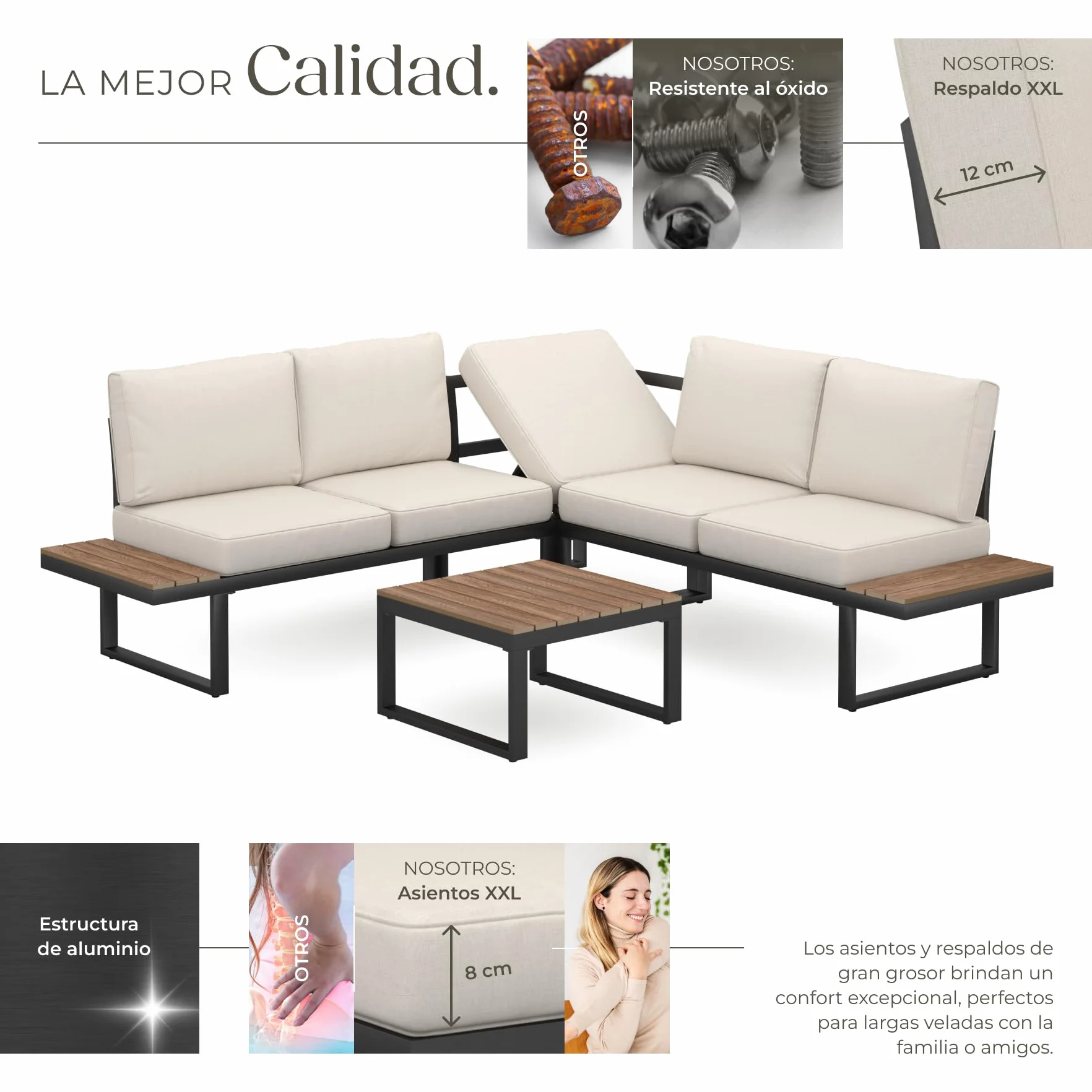 tectake® Conjunto de Muebles Jardin Exterior 4 Piezas, sofá Exterior, Aluminio Resistente a la Intemperie, Cojines extragruesos, Fundas extraíbles, Conjunto Jardin Exterior - Negro