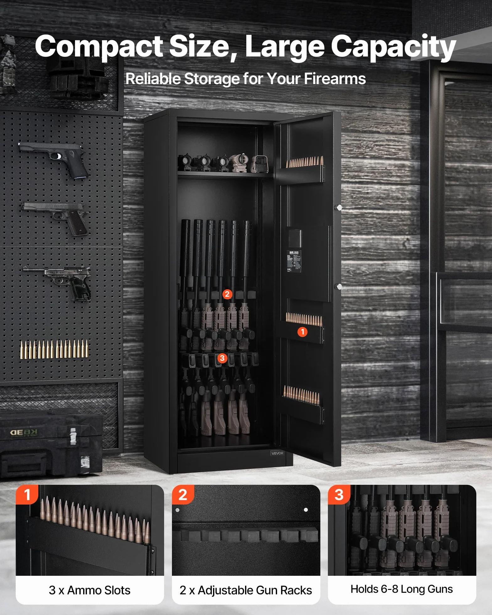 VEVOR Armario para Armas Largas con Cerradura con Contraseña, Caja Fuerte para 6-8 Rifles, 48 x 34.8 x 132 cm