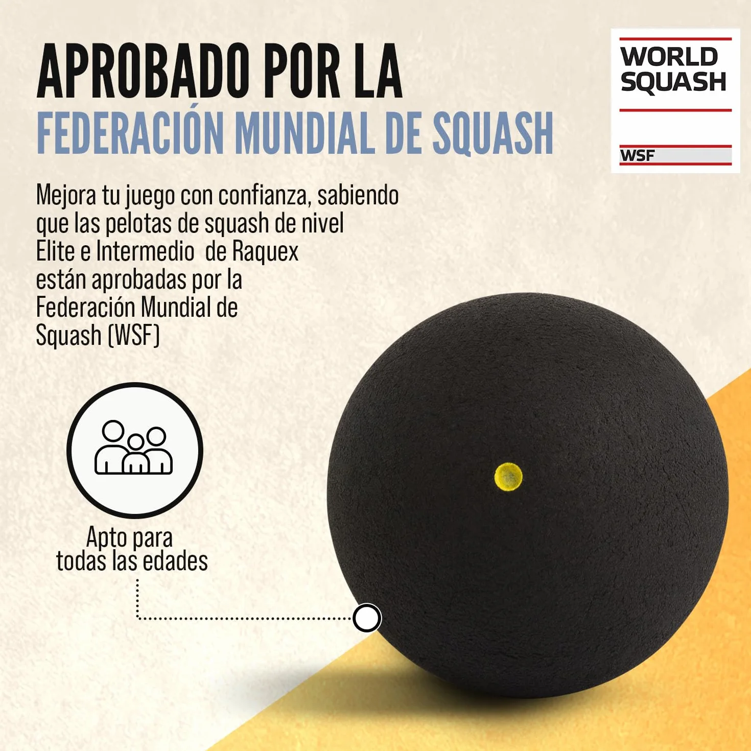 Pelotas de Squash Tubo de 3: 4 Velocidades Punto Amarillo Doble Competición, Amarillo Único Avanzado, Rojo Principiantes, Azul Júniors Aprobada WSF