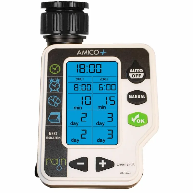 RIEGOPRO Programador de Grifo Rain Amico+. Disponible en 1 y 2 Zonas de Riego. Pantalla retroiluminada de 3" One Look Donde podrás Ver una visión inmediata de la programación. (2 Zonas)