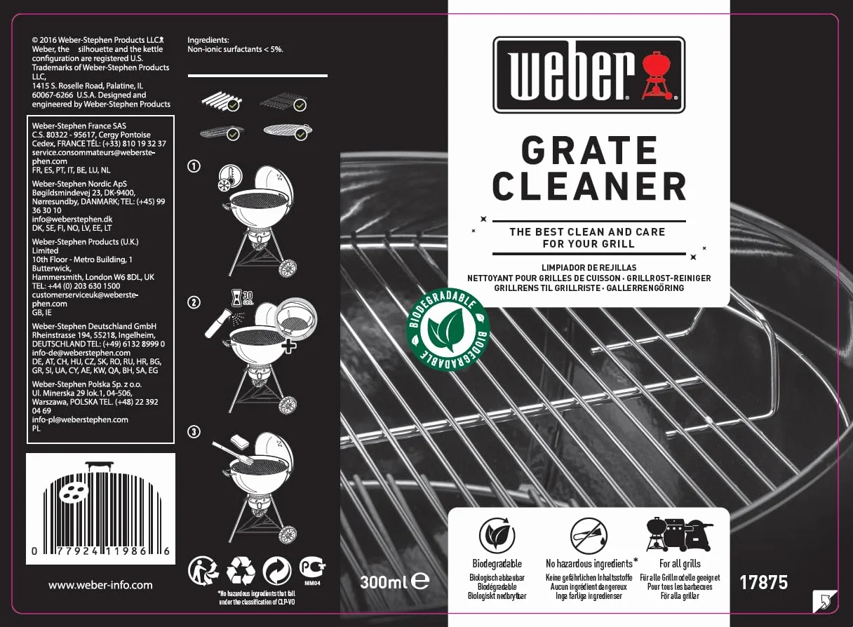 Weber Limpiador de parrillas 300ml, pulverización fina, disuelve grasa y residuos de alimentos, biodegradable, sin ingredientes peligrosos, adecuado para todos los modelos de parrillas (17875)