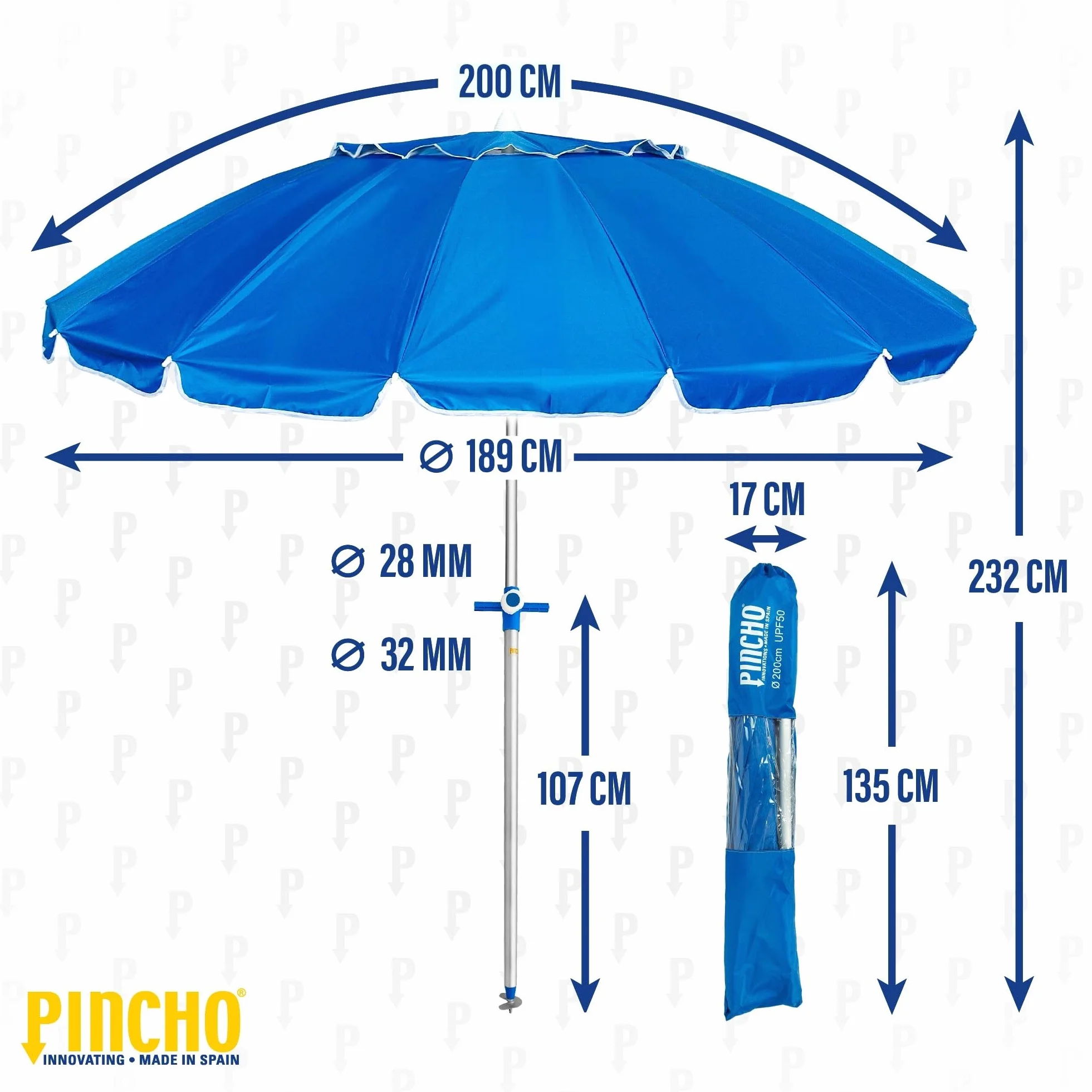 Pincho Sombrilla Playa Grande 240 Cm, Antiviento Hasta 35Km/H, Proteccion UV 50, Tubo Aluminio, 16 Varillas Fibra Vidrio, Palo Reclinable, Sombrilla Plegable Playa, Ligera, Bolsa Transporte