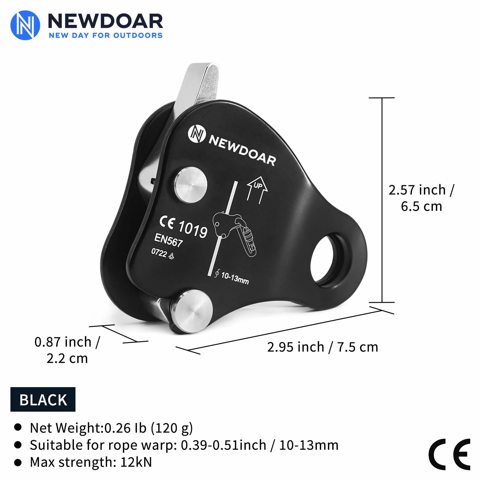 NewDoar Ascensor de agarre de cuerda 12KN ajustador elevación cuerdas 10-13mm rescate escalada roca Negro