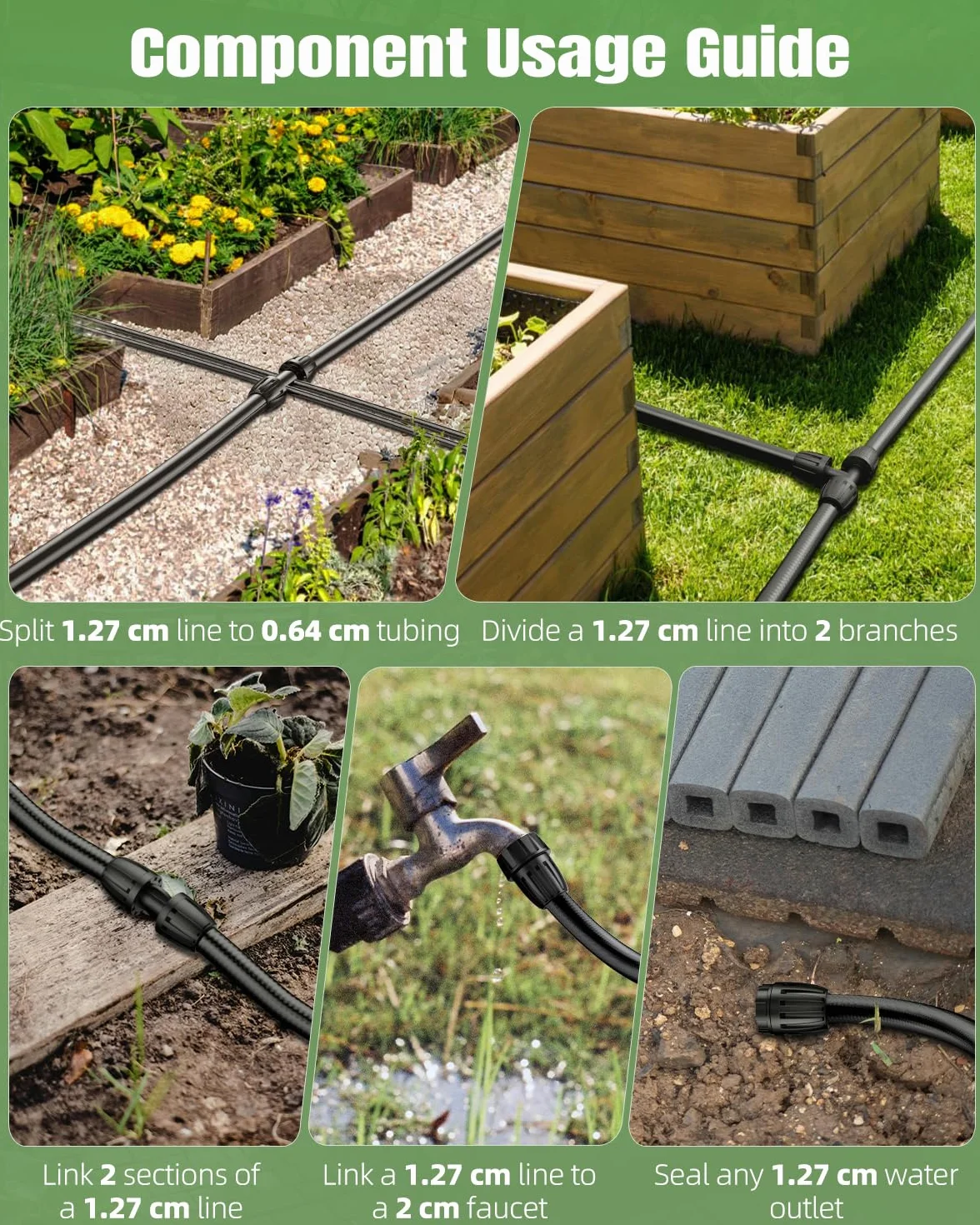 Pawfly Manguera de riego por goteo, 15 m, 12,7 mm, de PVC, flexible, con 5 conectores de púa para sistemas de riego de jardín