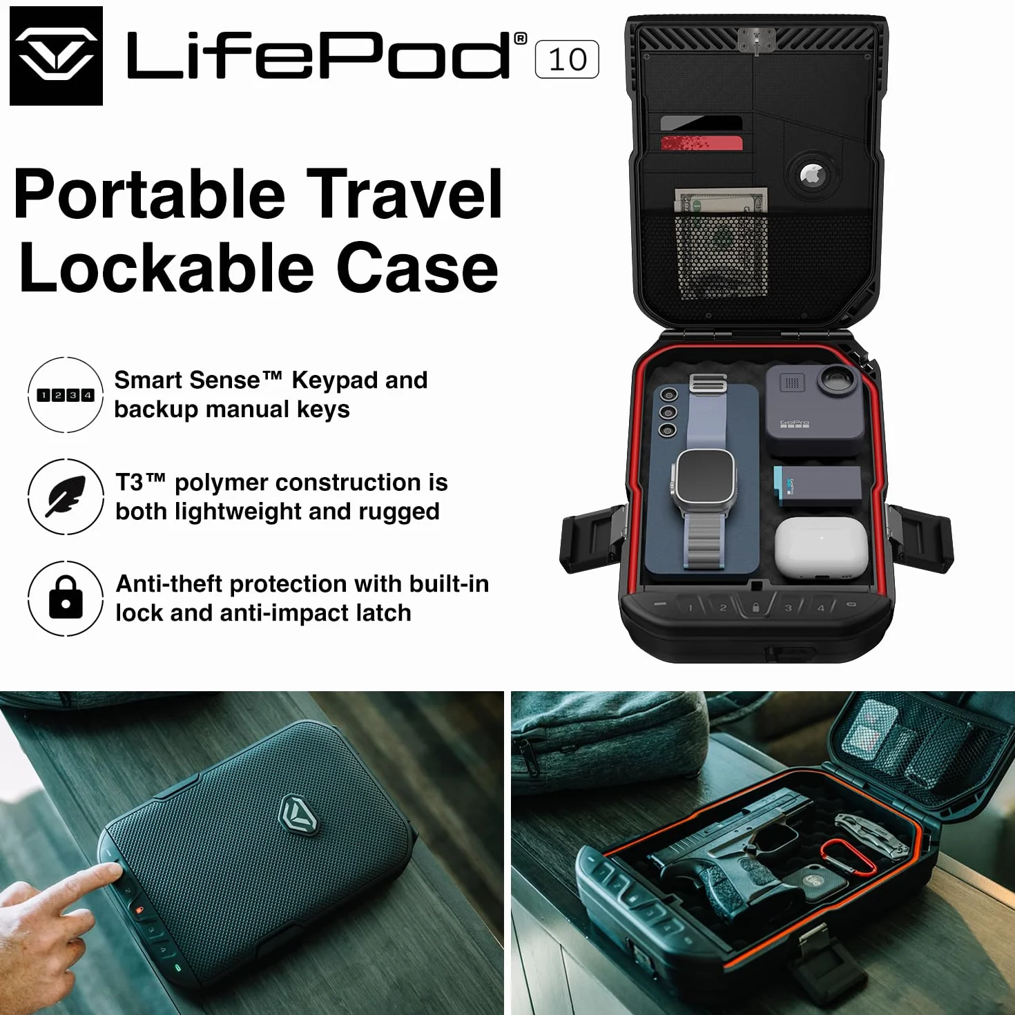 VAULTEK LifePod Estuche de viaje impermeable caja de bloqueo electrónico resistente organizador funda portátil para pistola teclado retroiluminado negro