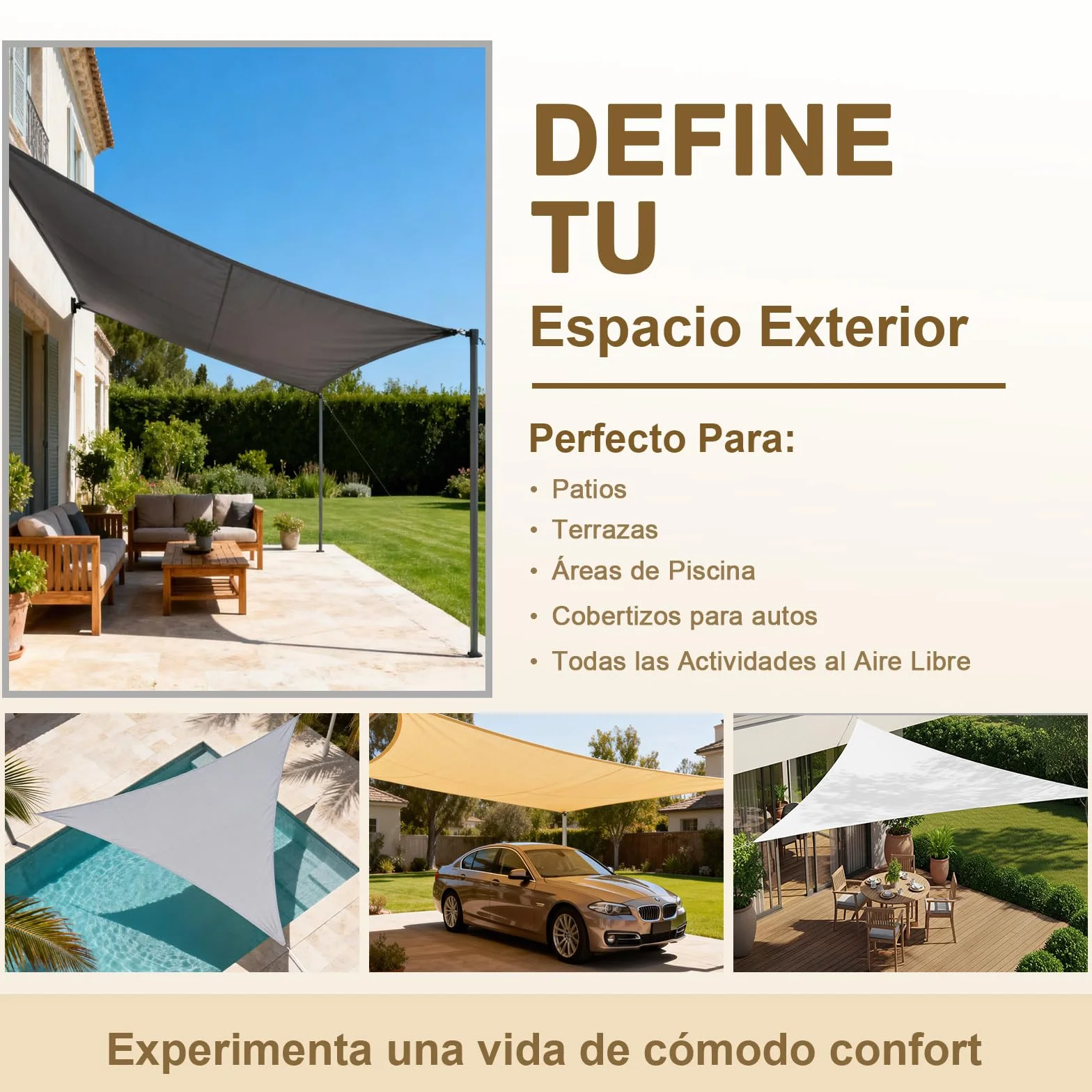 HENG FENG Toldo Vela de Sombra Rectangular 3x4m, PES 160 g/m² Impermeable, 95% Bloqueo UV, para Exterior en Terraza, Jardín, Patio - Incluye Cuerda de Fijación - Color Arena