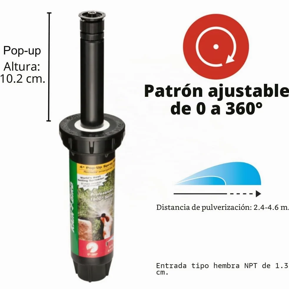 Rain Bird 1804AP4PK - Aspersor desplegable Profesional, patrón Ajustable de 0° a 360°, Distancia de pulverización de 8 a 15 pies, Altura emergente de 4 Pulgadas, Paquete de 4, Color Negro