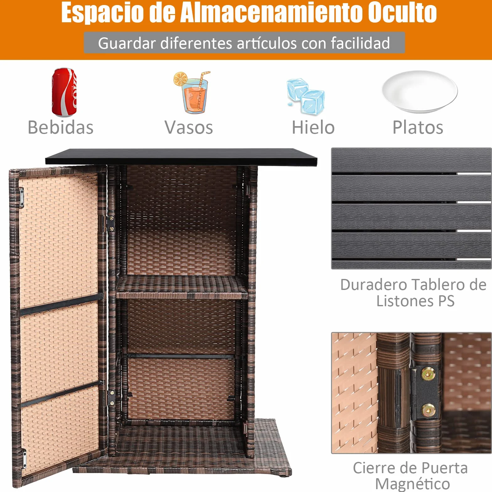 COSTWAY Juego de Bar de Mimbre para Exteriores de 5 Piezas, Mesas Altas y 4 Taburetes con Cojines, Mesa con Tapa Lisa y Estante de Almacenamiento Oculto