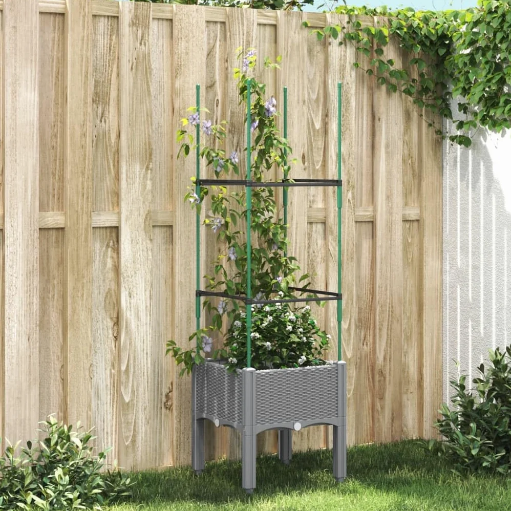 Macetero con enrejado, gris claro, 40 x 40 x 142,5 cm, plástico PP, maceta elevada para plantas trepadoras, jardín y terraza, aspecto de ratán, resistente y resistente a los golpes