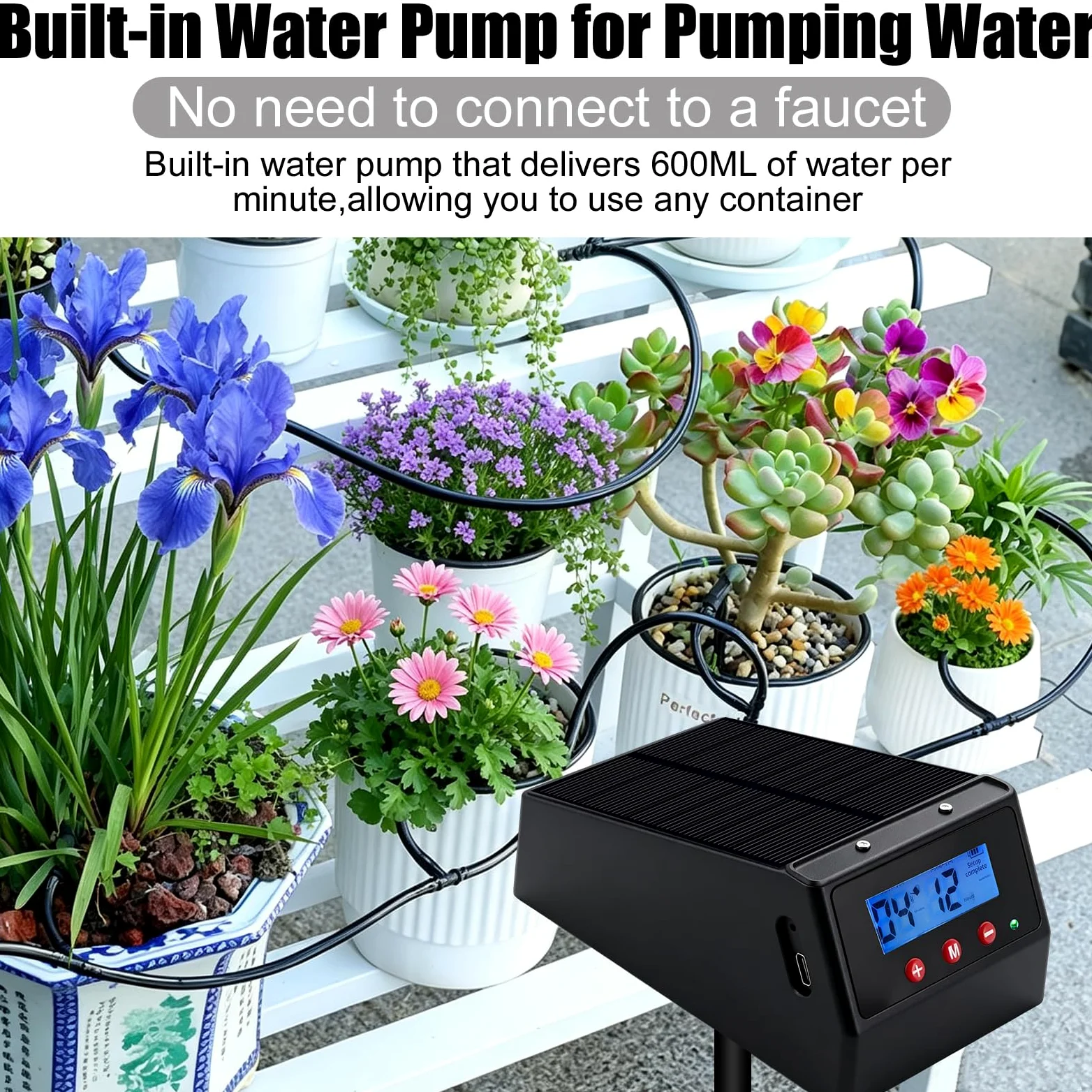 OBEST Kit de Sistema de Riego Solar con 10 Goteros y 10m de Manguera | Modos de Riego Automático, Riego Autónomo para Balcones, Jardines y Plantas en Maceta, Ideal para Vacaciones y Viajes Cortos
