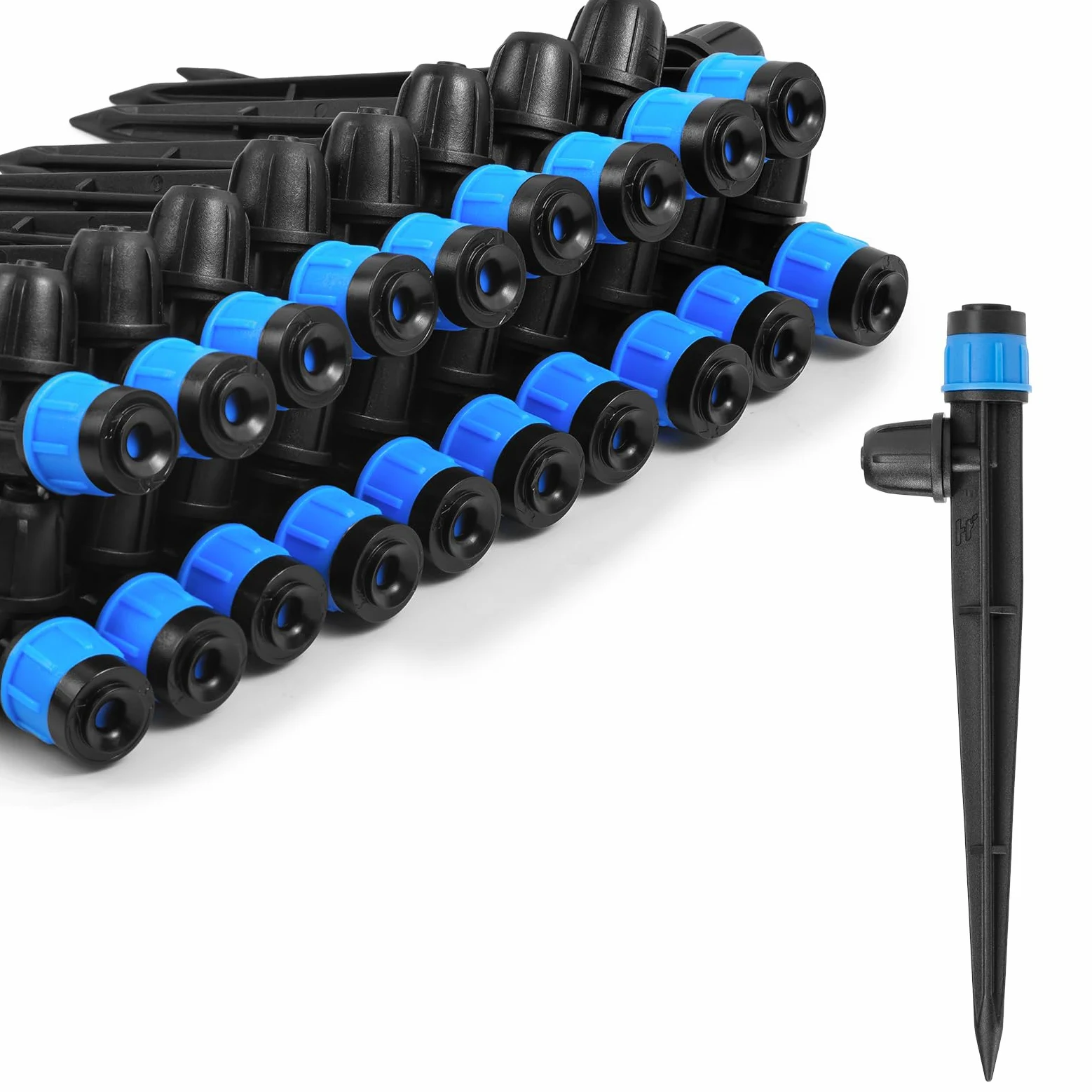 Goteros de riego por goteo ajustables Vortex: 20 unidades de emisores de riego con forma de abanico con estaca de flujo de agua con bloqueo de púas para tubos de 1/4 pulgadas para riego de jardín