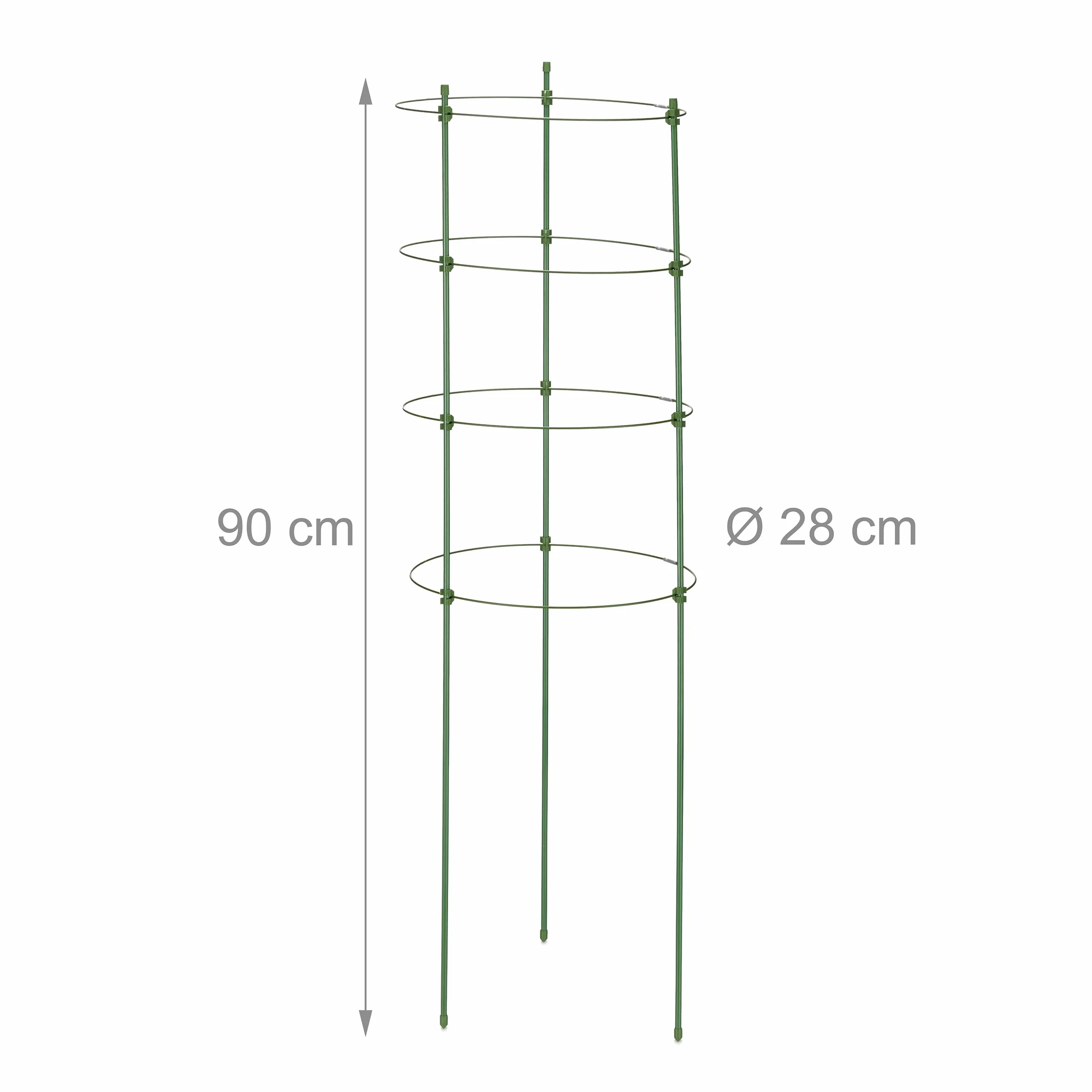 Relaxdays Pack 10 Tutores Plantas, 90 cm Alto, Soporte Enredaderas 4 Anillos, Guía Trepadoras, Metal y Plástico, Verde