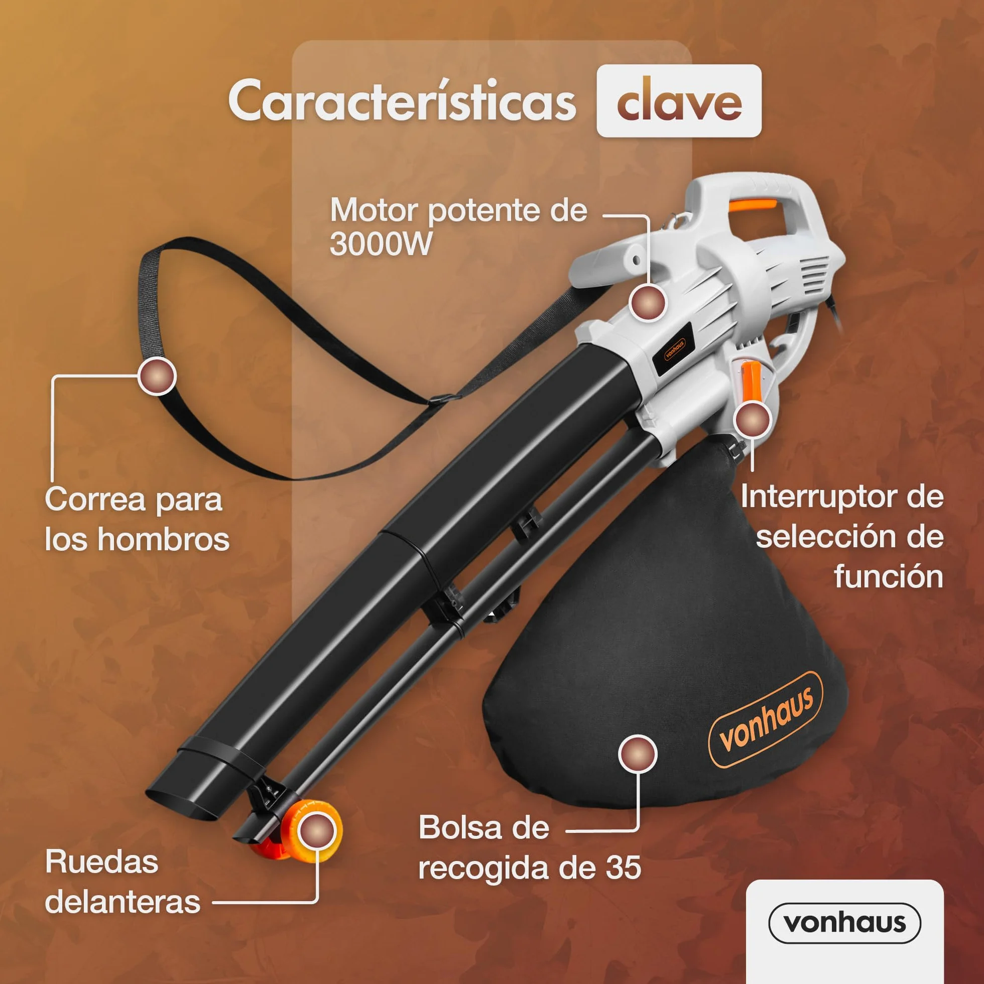 VonHaus Soplador Aspirador de Hojas Ligero de 3000W – Sopladora Aspiradora de Hojas de Jardín, Patio, Canalones, Caminos y Más, Correa de Hombro, Ruedas, Bolsa de Recogida de 35L 10:1 (Negro)