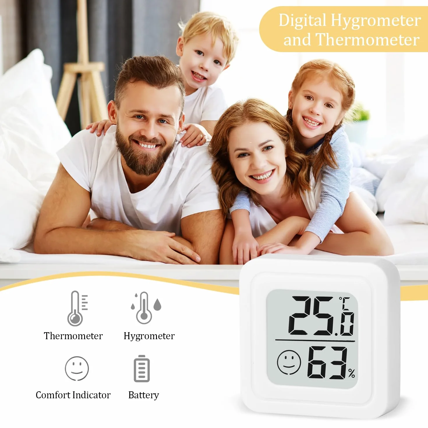 Mini Higrómetro Termómetro Interior 4 Pcs Higrometro Termómetro Digital Casa Pantalla LED con Logo de Confort para Termometro Ambiental para Hogar Oficina Dormitorio Jardín