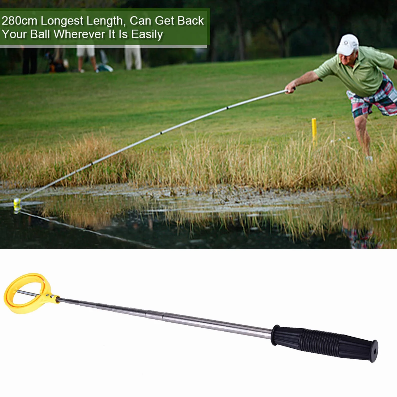 Dioche Golf Ball Retriever Telescópica Acero Inoxidable Automatic Lock Scoop Amarillo