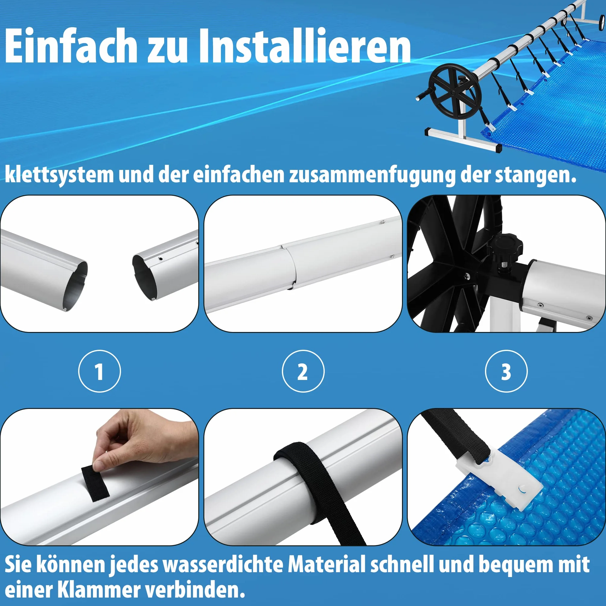 YUENFONG Sistema Enrollable móvil de Acero Inoxidable para Lona Solar, Lonas de Piscina, Enrollable móvil Ajustable, con Ruedas y Correas, Material Resistente a la Intemperie (3m-5,70m)