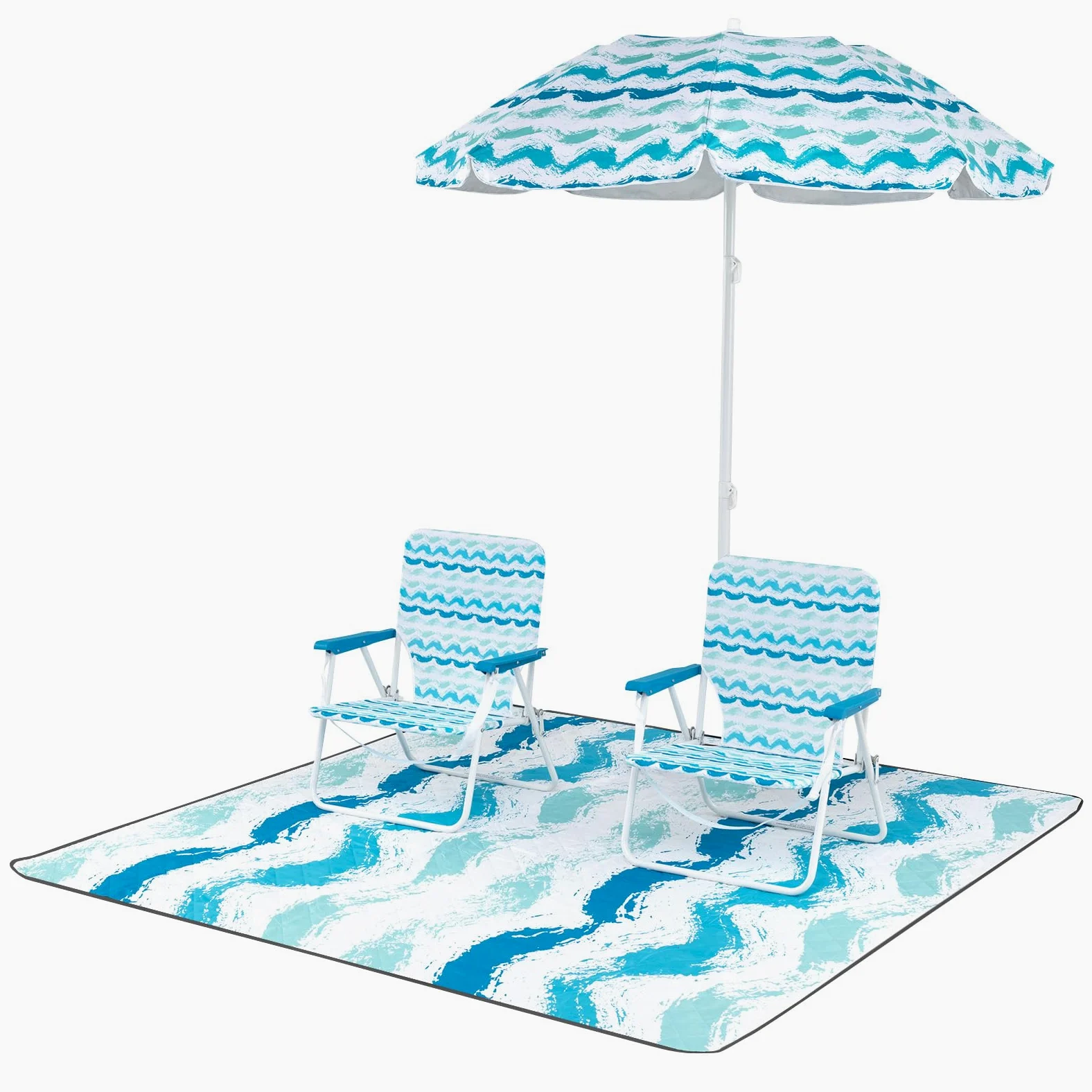 GOPLUS Conjunto de Playa de 4 Piezas, φ 190 Sombrilla con Inclinación Ajustable, 2 Sillas Plegable con Bolsa de Almacenamiento y 1 Manta, Bolsa de Transporte, Juego para Picnic, Camping (Azul)