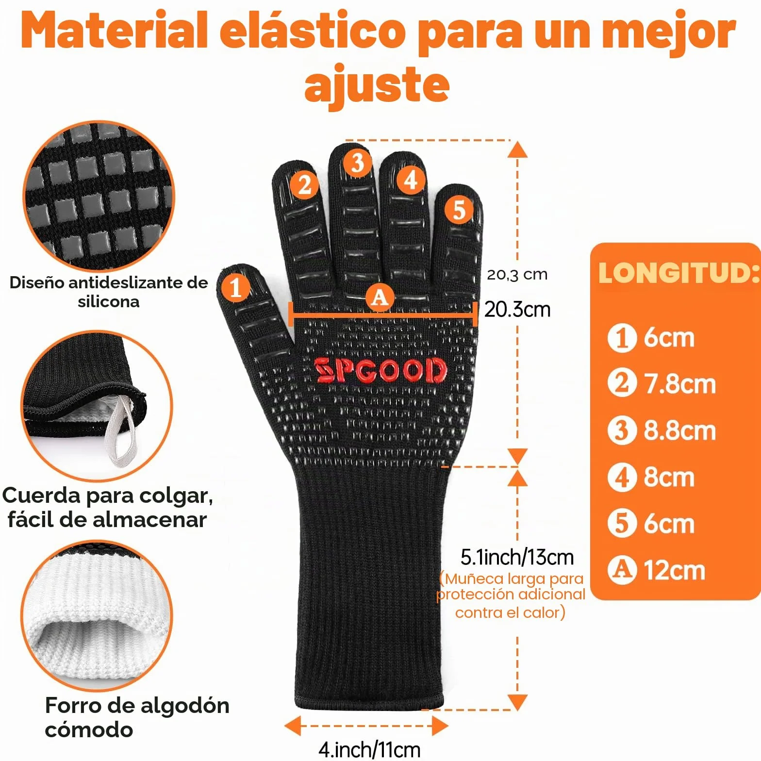 SPGOOD Guantes Barbacoa Guantes Horno Altas temperaturas Largos, BBQ Guantes Resistentes al Calor hasta 800℃ para Cocina, Parrilla, Hornear, Microondas, Chimenea Negro（L/XXL）