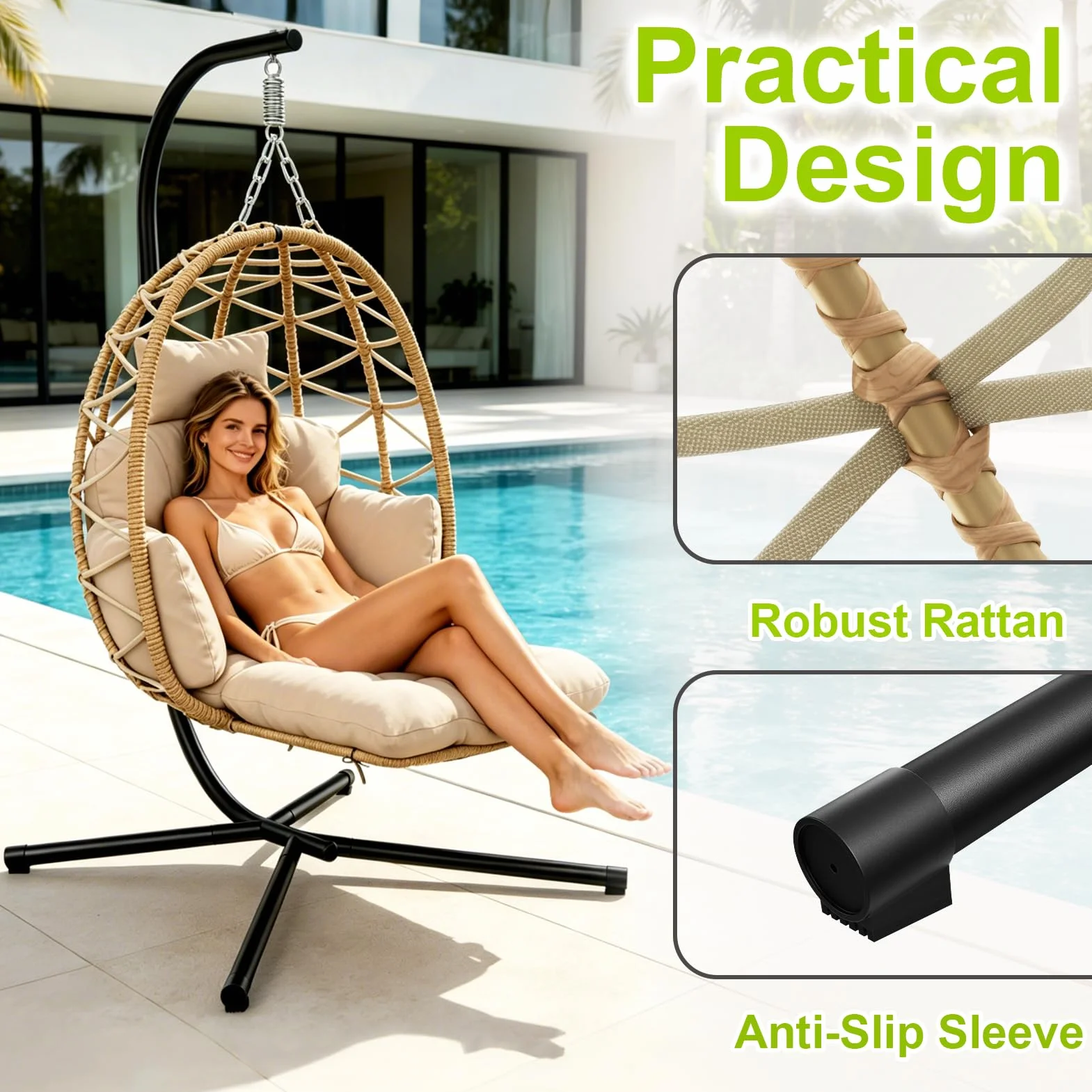 Silla Colgante con Estructura, Silla Colgante Huevo con Reposapiés, Desmontable Cojines Gruesos, Sillon Colgante para Interior & Exterior, Egg Chair Jardín, Balcón, Terraza, Hasta 150 kg - Beige
