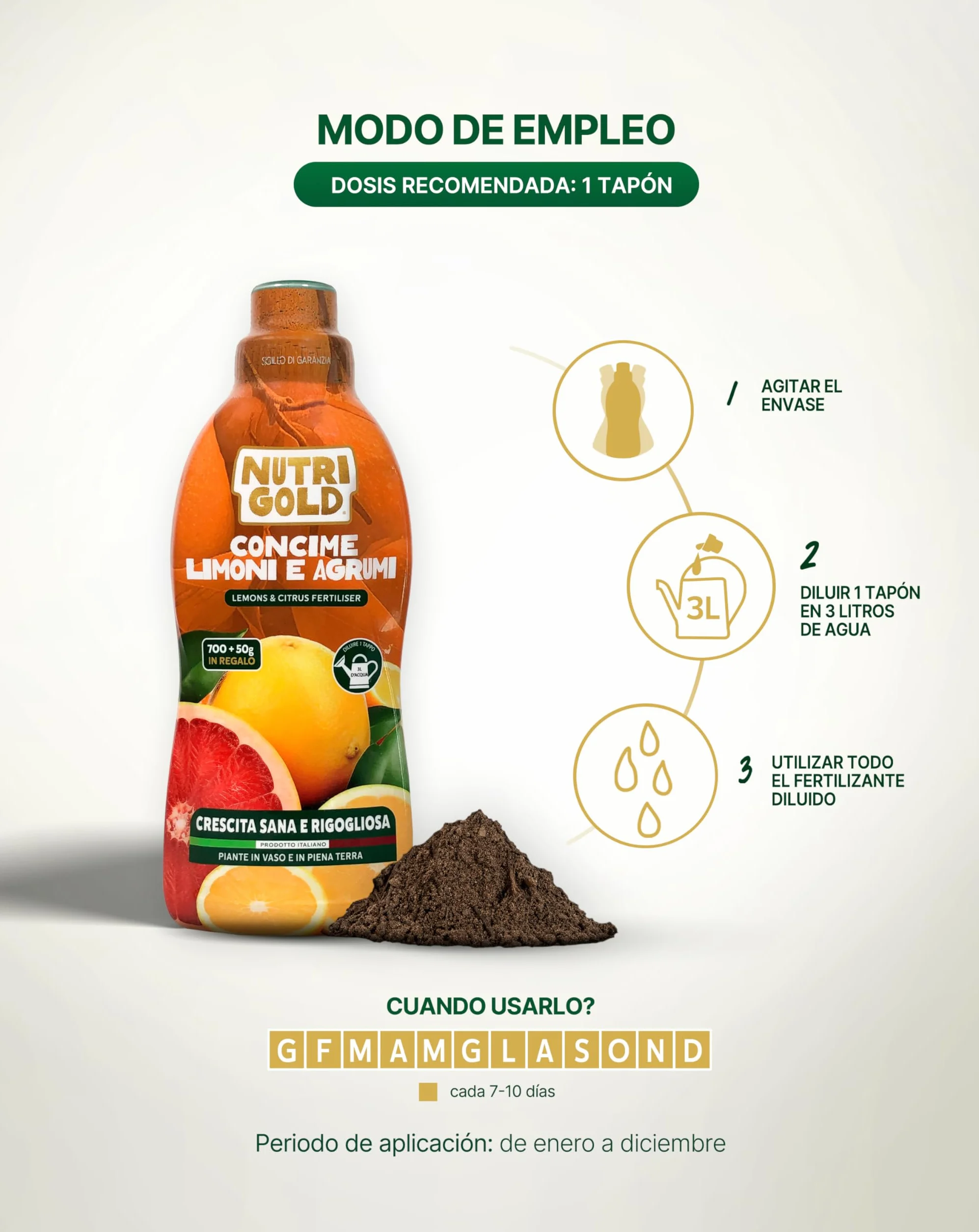 NutriGold® fertilizante Cítricos | Abono para Limones, Naranjas, Mandarinas y Pomelos - Rico en NPK - Para Cítricos en Tierra o Maceta - 700g + 50g Gratis
