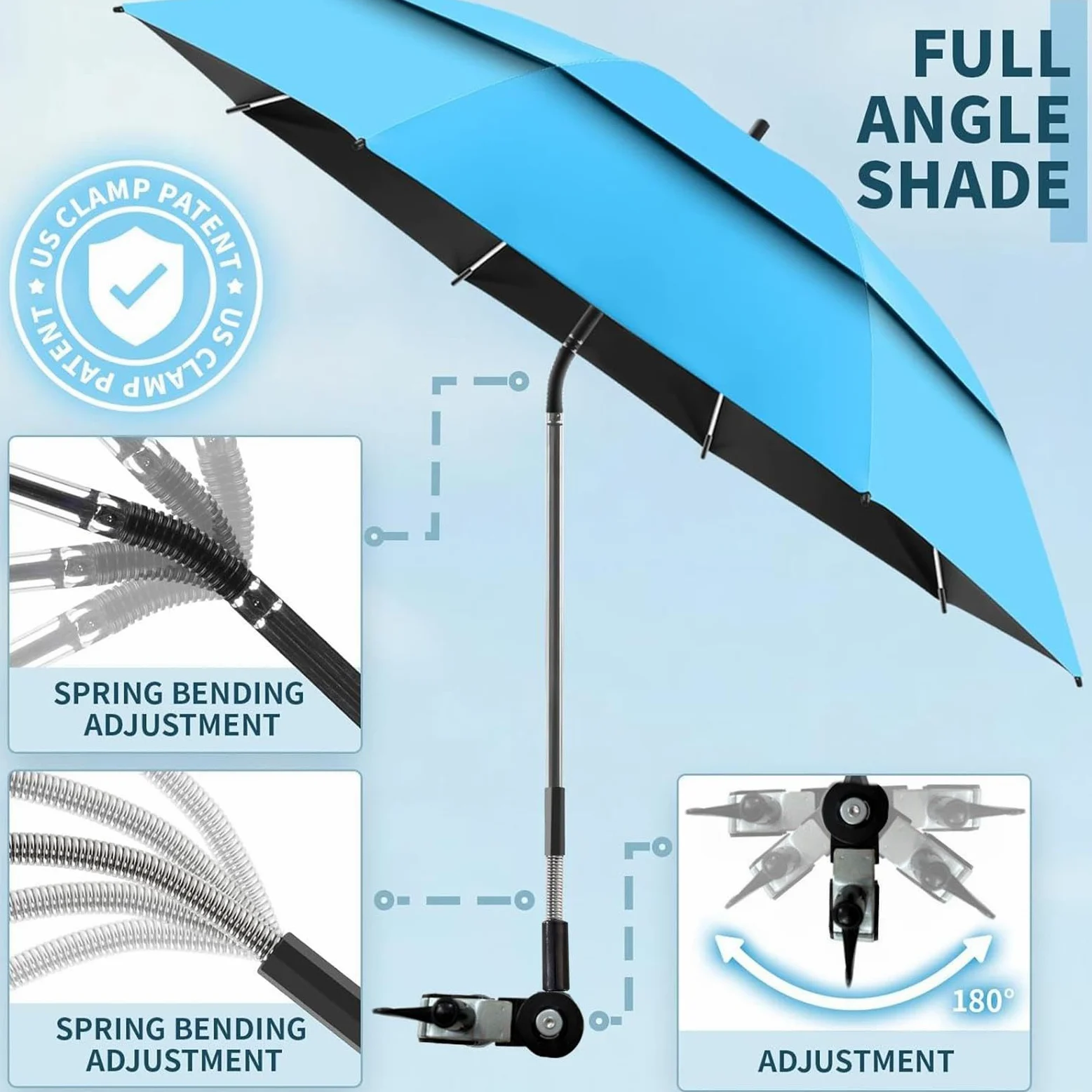 Sombrilla Con Clip Para Silla De Jardín Doble Dosel Portátil Ajustable 180° | Sombrilla Para Tumbonas Para Exterior Playa Tomar El Sol Viajes Vacaciones Camping Picnics Patio Silla De Rued