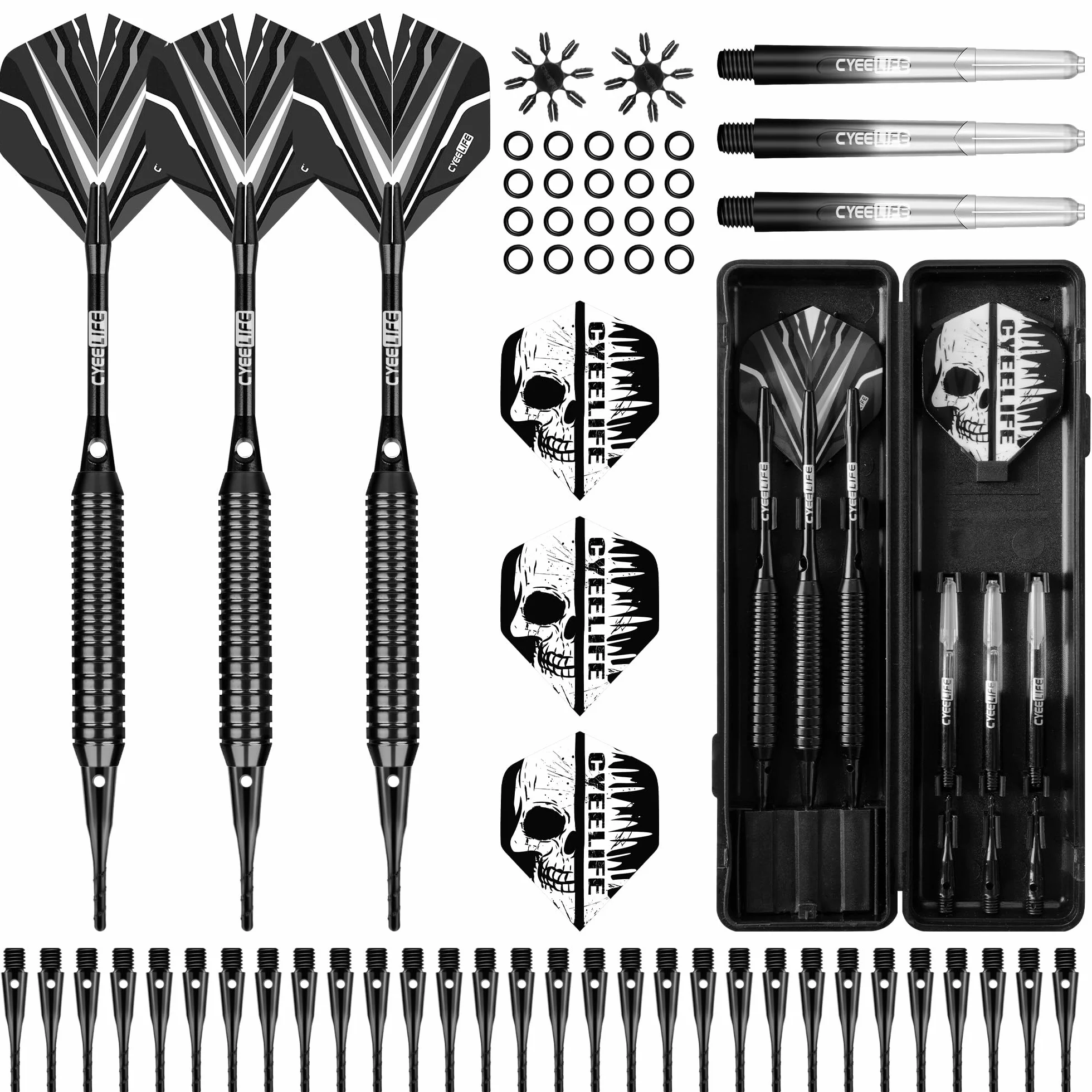 CyeeLife Juego de dardos punta suave cañón latón ejes aluminio PC 6 plumas 30 puntas suaves 20 anillas O 2 protectores plumas