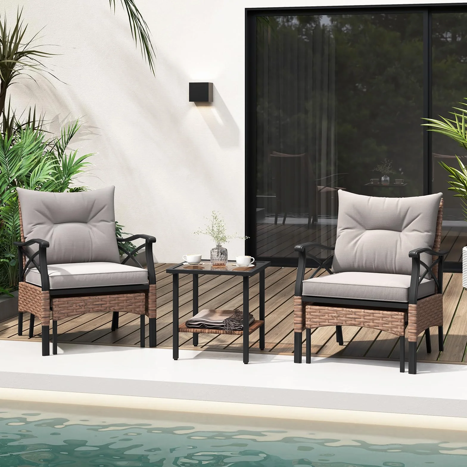 COSTWAY Conjunto Mesa y Sillas Jardin 5 Piezas de Ratán,1 Mesa Auxiliar de Vidrio Templado, 2 Sillas de Ratán PE y 2 Otomanas, Cojines Extraíbles,Conjunto Jardin Exterior Balcon Terraza (Marrón+Gris)