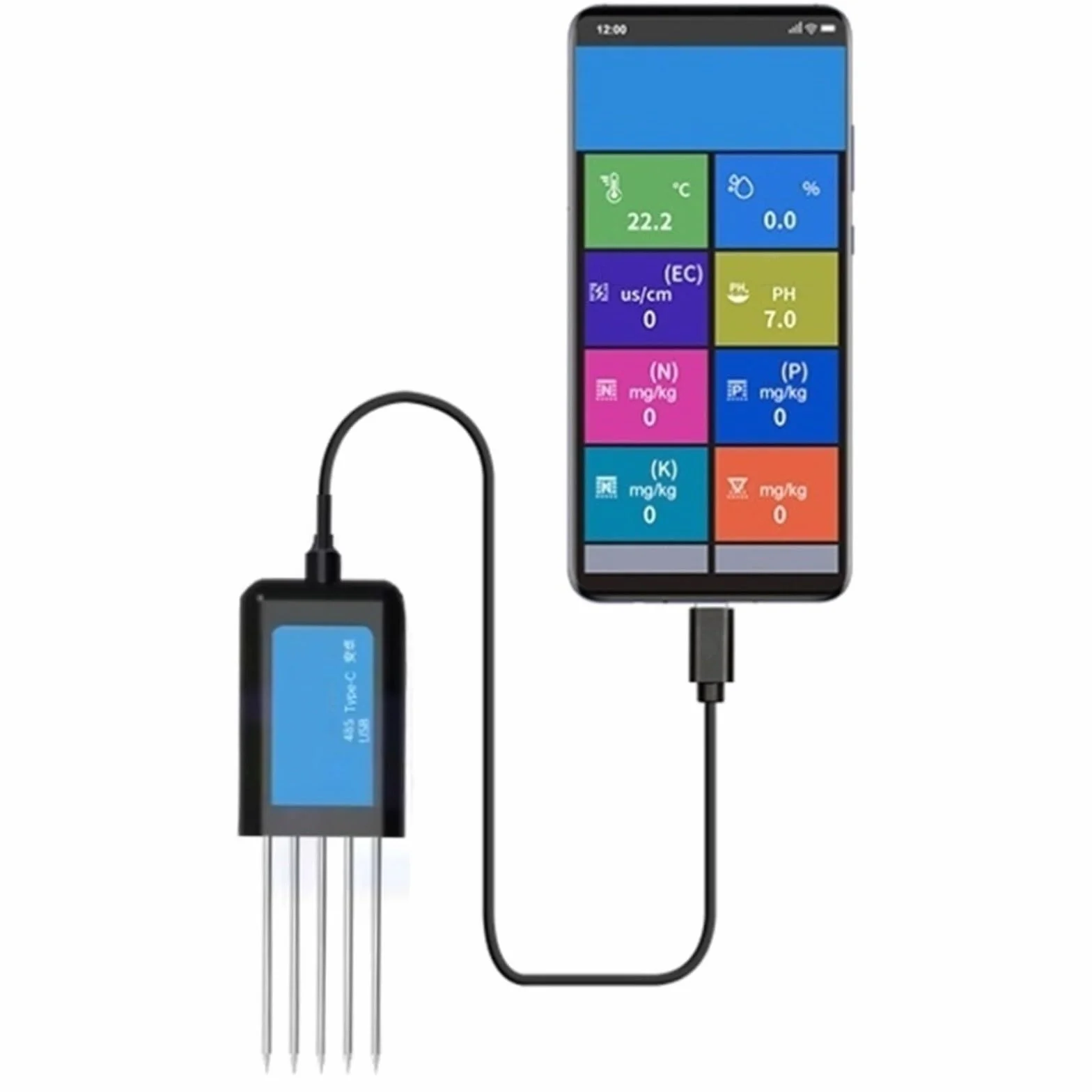 Sensor de suelo USB para agricultura y horticultura, mide temperatura, humedad, pH y NPK(B)