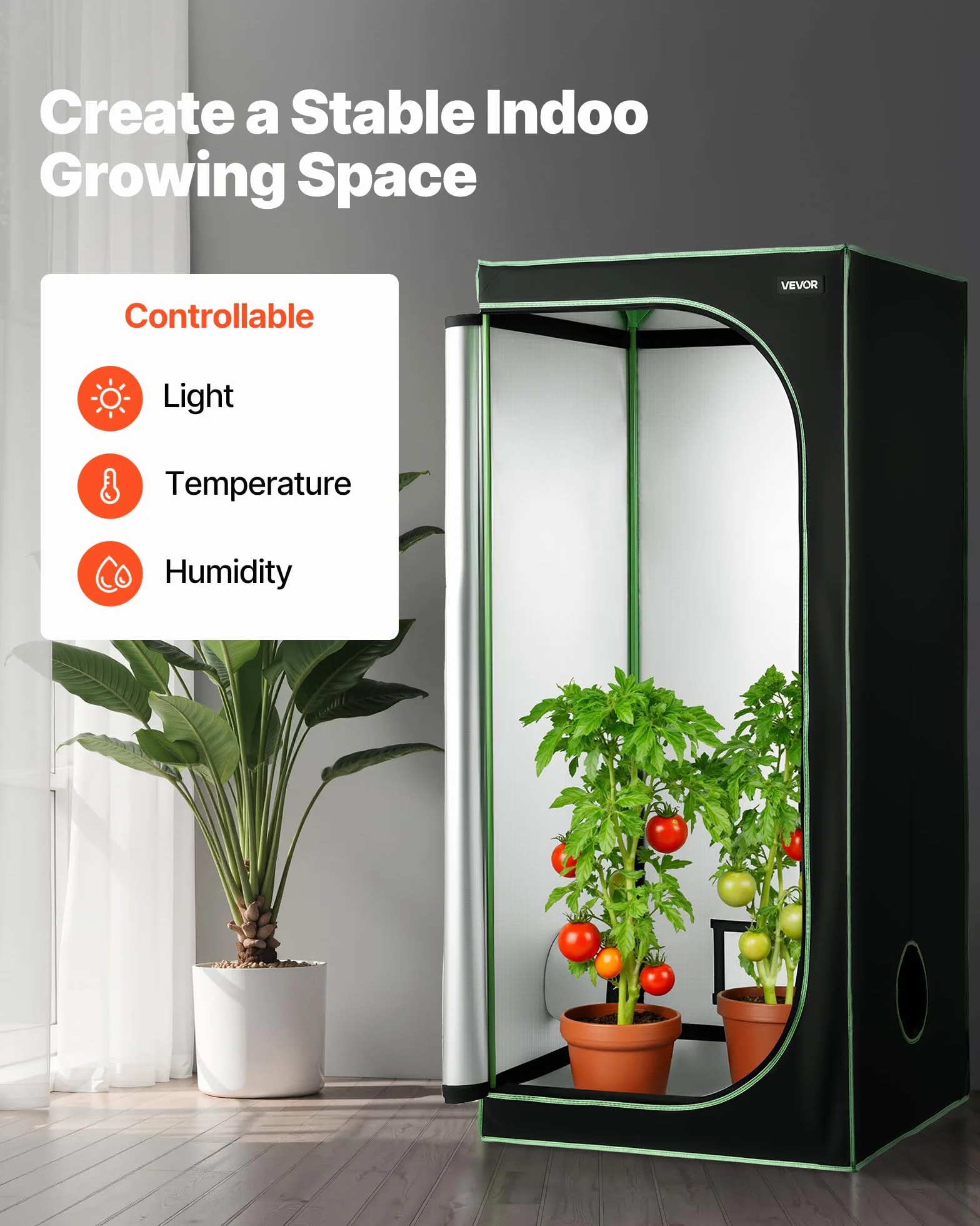 VEVOR Armario de Cultivo Interior 80 x 80 x 180 cm, Carpa de Cultivo con Ventana de Observación, Bandeja de Suelo y Cremallera, Mylar 600D de Alta Reflectancia, Tienda para Plantas, Flores, Verduras