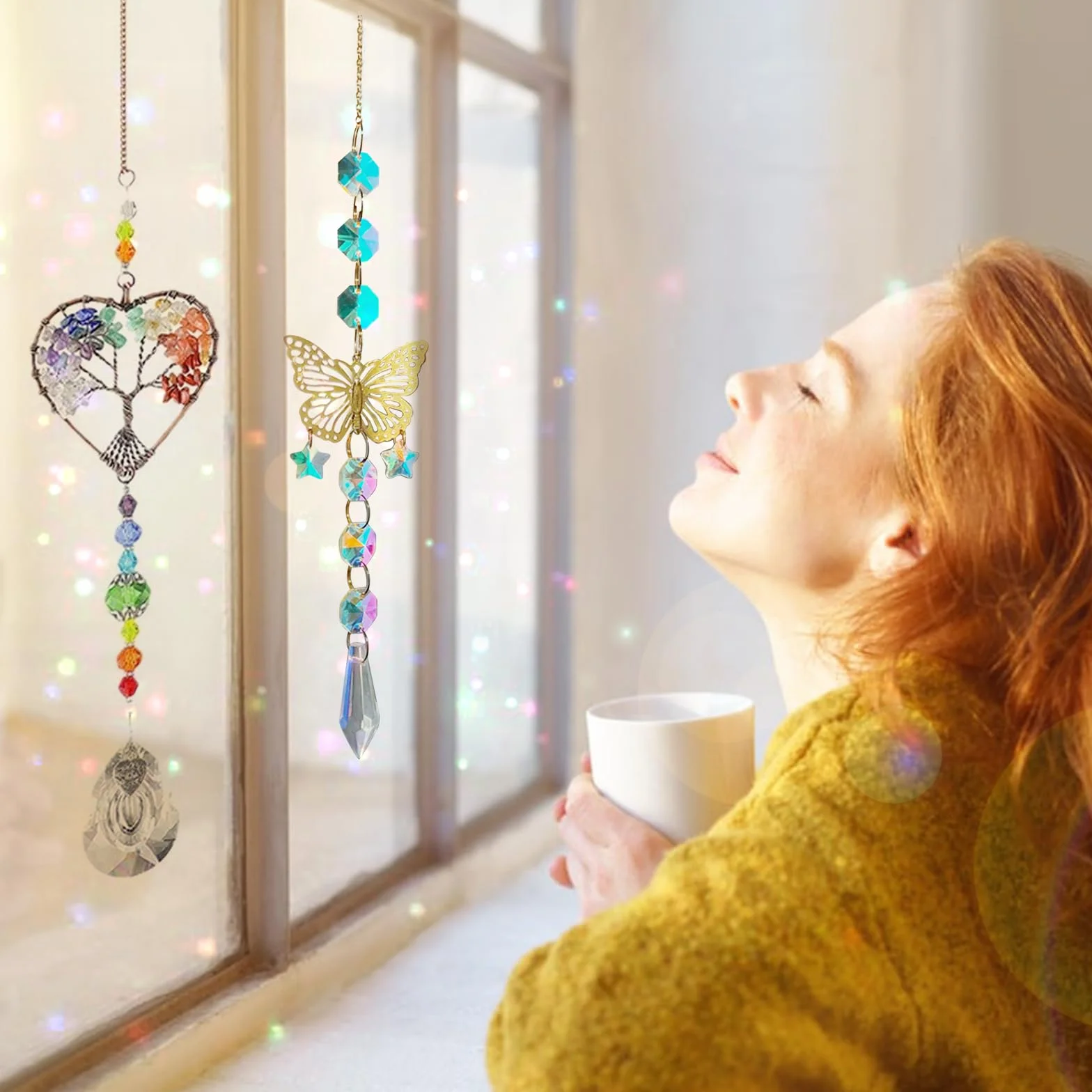 TYXHXTF 2 Piezas Atrapasoles de Cristal, Árbol de la Vida y Mariposa Campanas de Viento, Sun Catcher para Ventanas y Jardines, Prisma Colgante para Casa