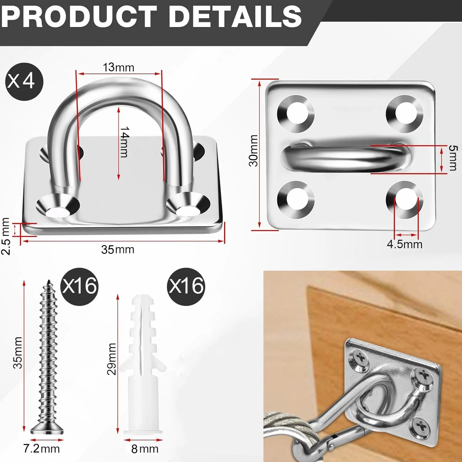 Greluma 4 Pzs Gancho de anillo de grapa con placa de ojo de almohadilla resistente con forma U para toldo de vela-Ganchos para hamaca de techo y pared M5 para suspensión columpio-Acero inoxidable 304