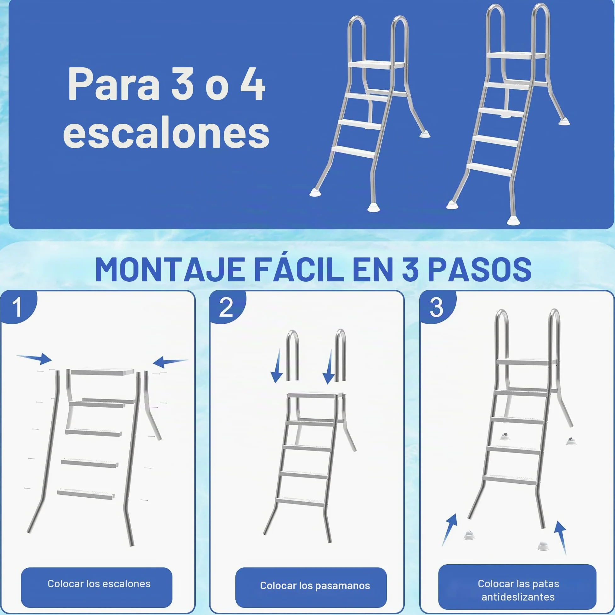 Escalera de piscina de acero inoxidable de 3 + 1 peldaños, con pasamanos de seguridad, peldaños de plástico antideslizante y diseño de rótula, base estable para piscinas y piscinas de hasta 115