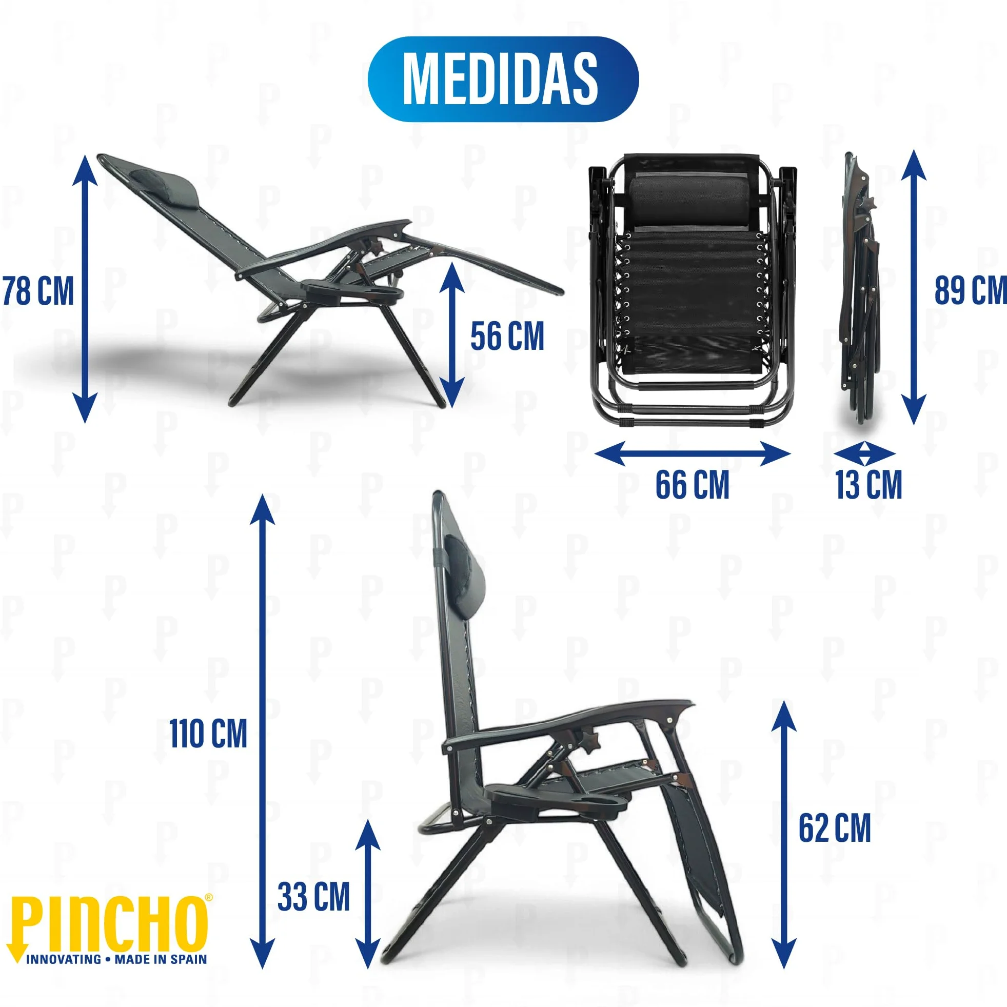 Pincho Tumbona Jardin Exterior Plegable de Gravedad Cero - Pack 2 Sillas Reclinables o Hamacas para Playa, Terraza y Camping con Portavasos, Ligeras y Cómodas (Negro)