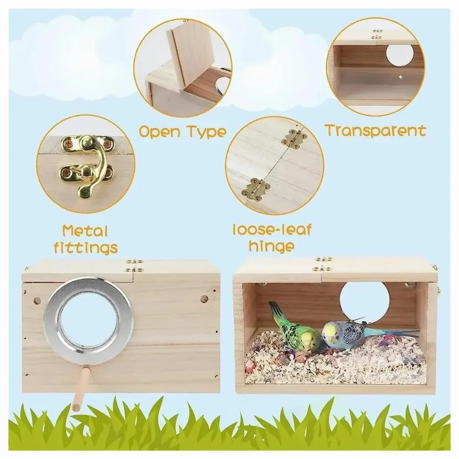 Nido de Madera para pájaros Nido for periquitos de Madera Maciza, diseño Transparente, fácil Limpiar, Bordes Lisos, Caja cría for pájaros(M)
