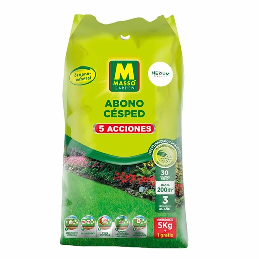Abono Césped Granulado con 5 Acciones | Aplicación Directa a Mano de Liberación Lenta | Revitaliza y Mantiene Césped | Anti-Musgo, Reverdecedor y Fertilizante | Nexum Market (6 KG)