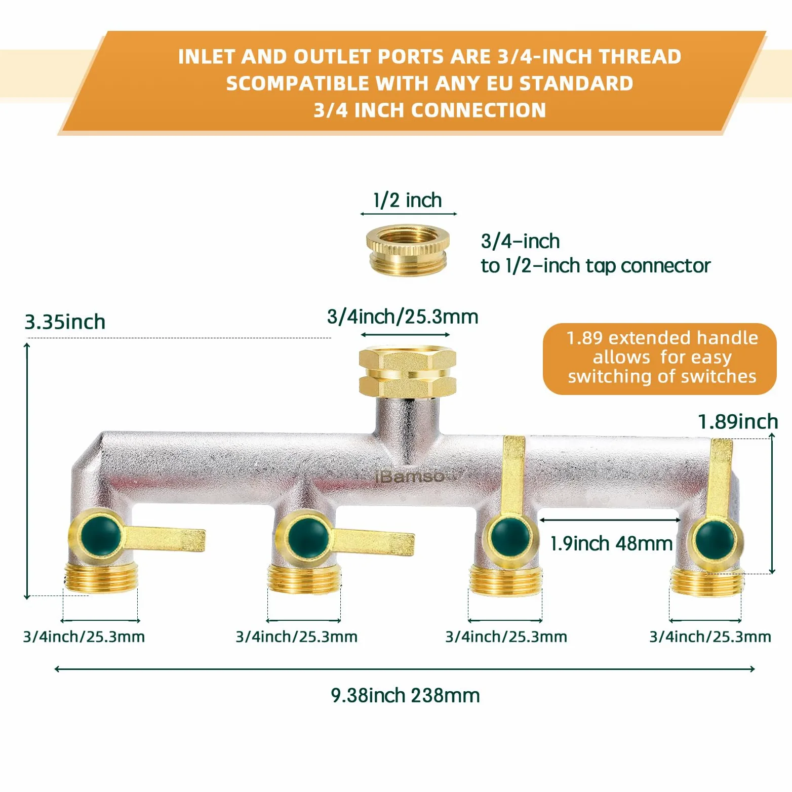 Divisor de manguera de jardín, divisor de grifo de 4 vías, adaptador de manguera divisor de grifo de latón resistente de 3/4 pulgadas, conector de grifo de mango de metal extendido con válvulas