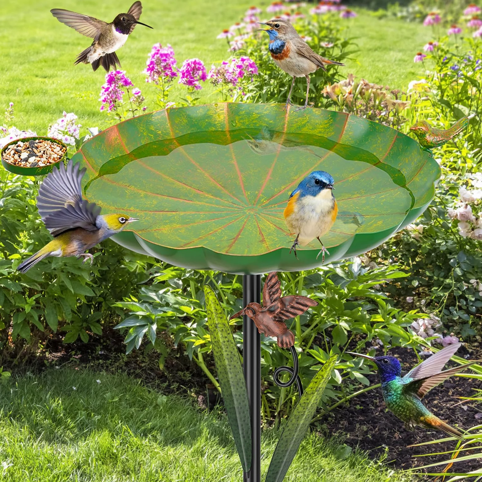 Baño de metal para pájaros para exteriores, base desmontable resistente de 5 puntas con cuenco y pájaros decorativos, comedero de hierro duradero para jardín, patio, decoración de patio (verde