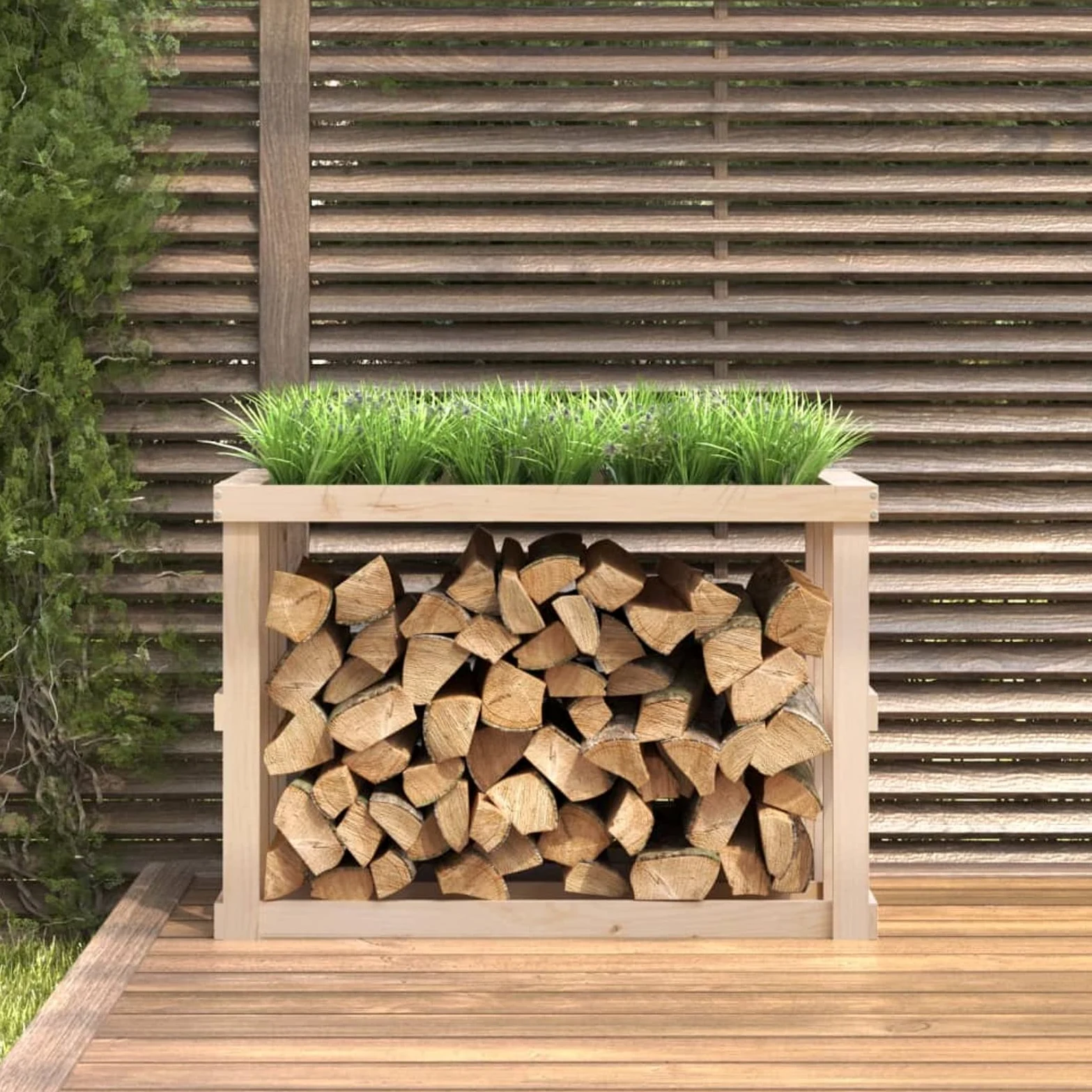 Homgoday Estantería para leña de chimenea, soporte para leña de chimenea, soporte apilable para leña con maceta superior, 108 x 52 x 74 cm, madera maciza de pino