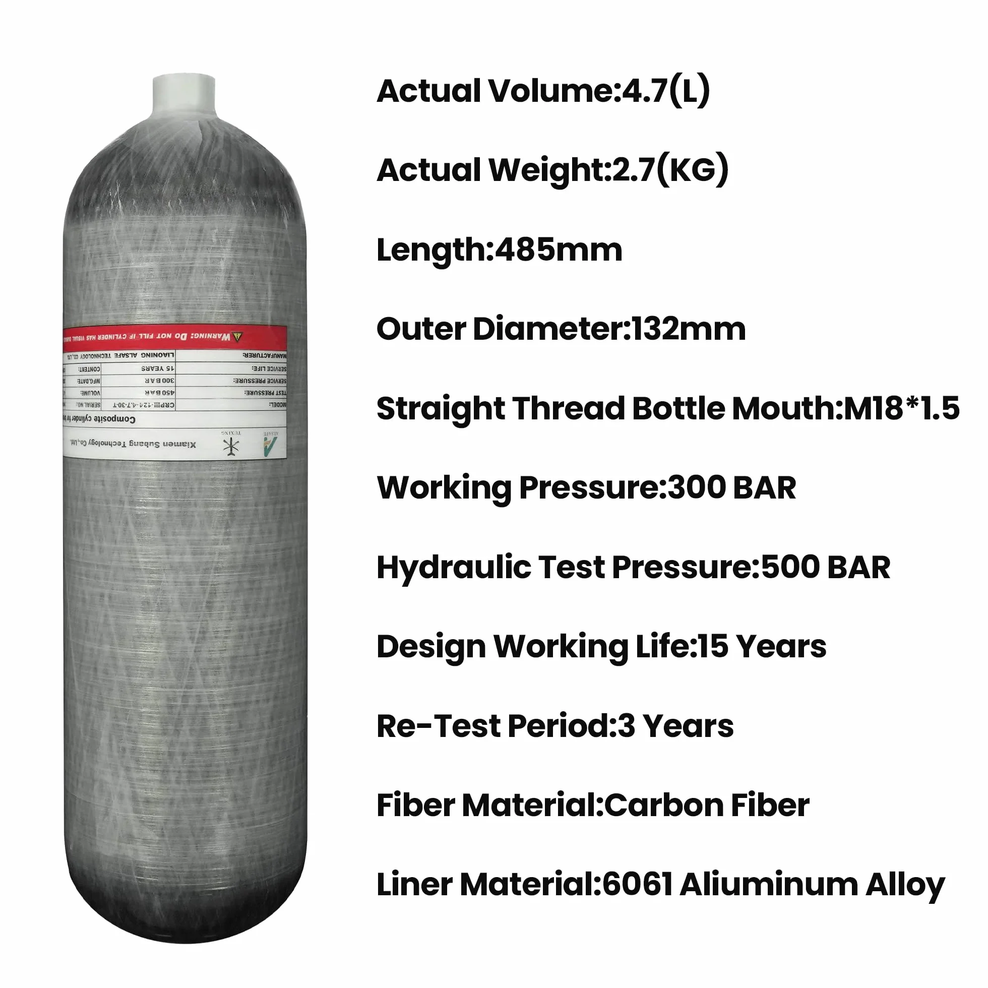 TUXING Depósito de aire fibra de carbono 4,7L 4500 psi 300 bar botella vacía estación llenado paintball dos manómetros manguera alta presión 24 pulgadas M18x1.5