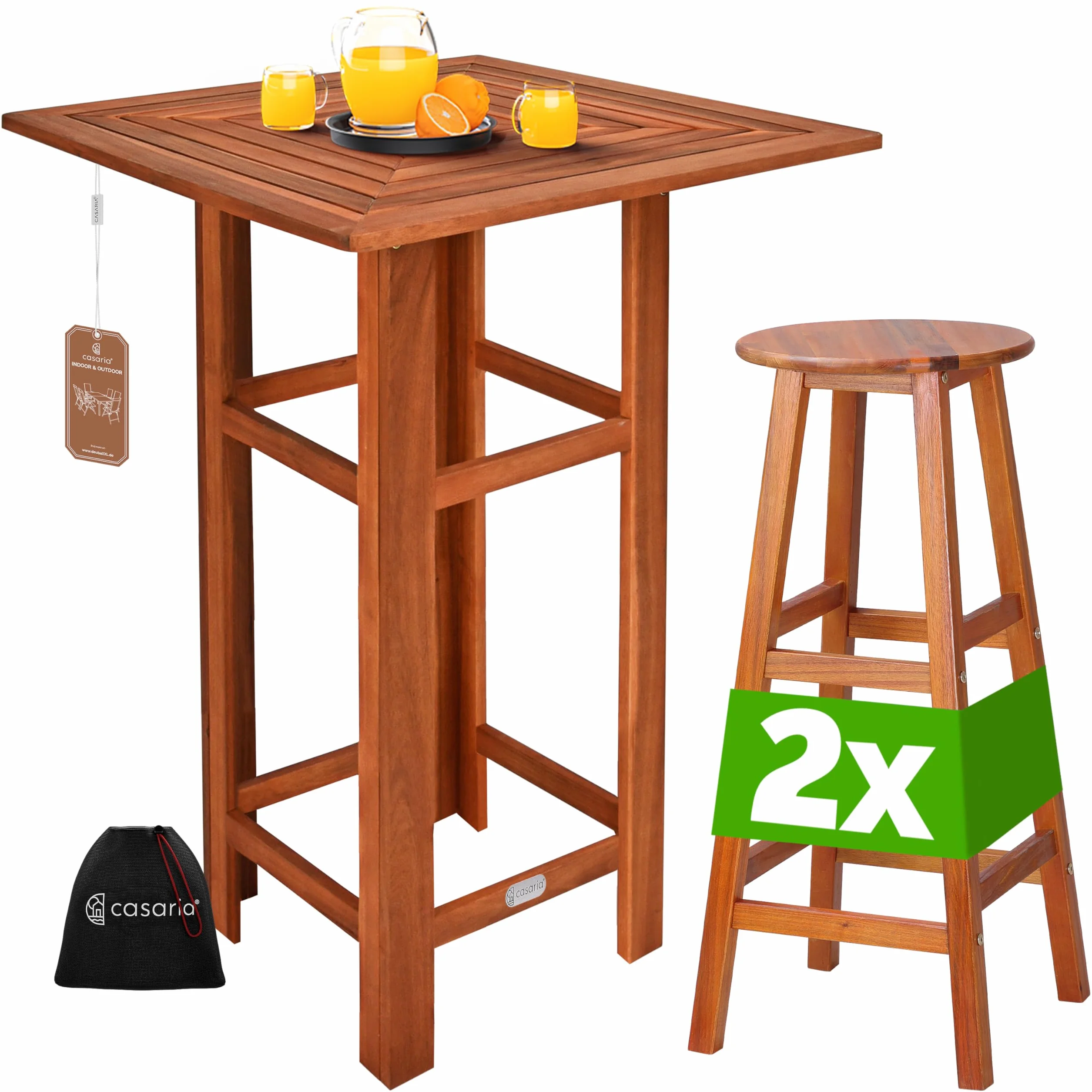 CASARIA® Mesa Alta de Bar con 2 Taburetes Set Muebles Jardín Cocina Madera 110x75x75cm Terraza Balcón