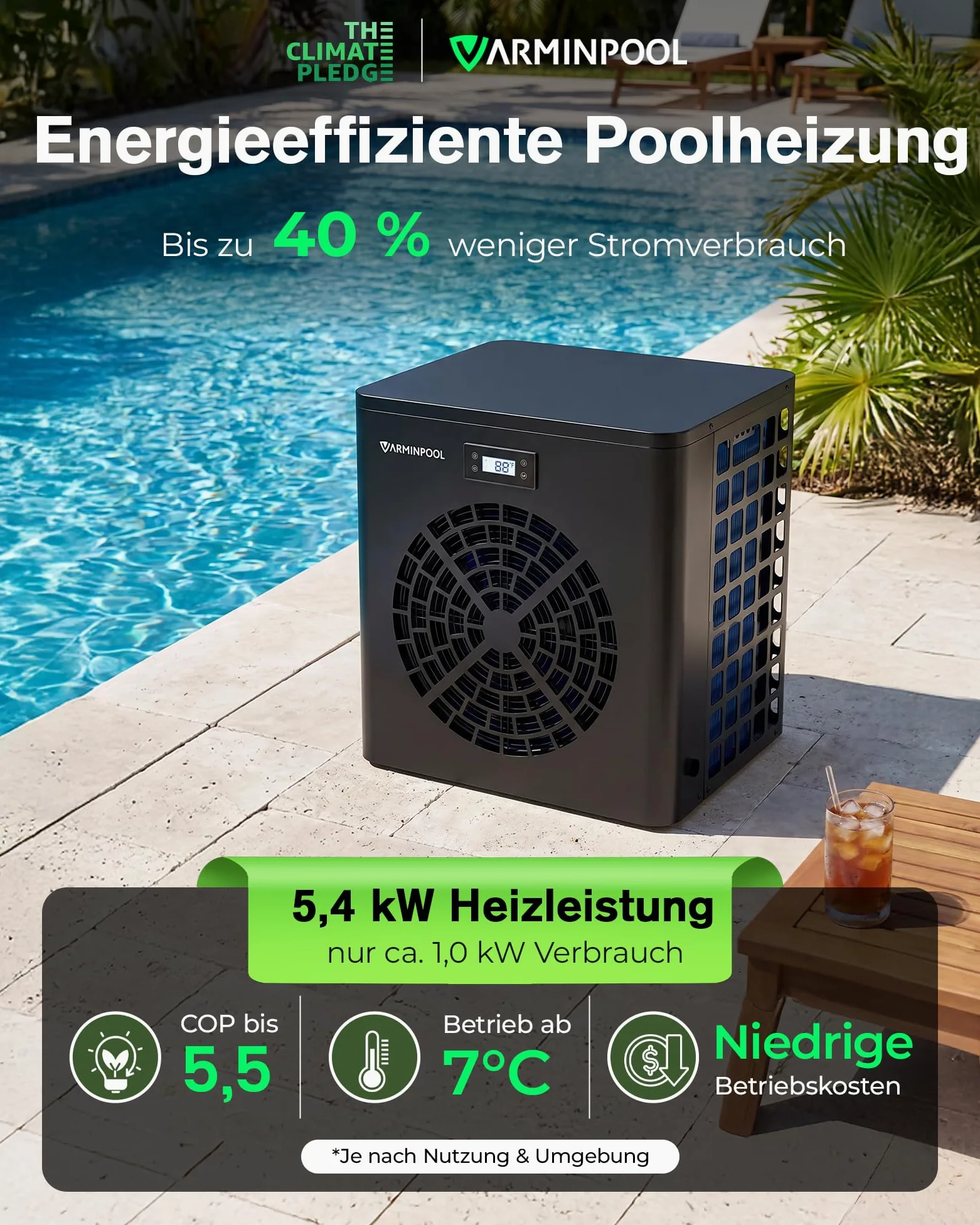 Bomba de calor para piscina de 5,4 kW, calefacción de piscina de bajo consumo para piscinas pequeñas de hasta 20 m³, COP 5,5, silencioso, intercambiador de calor de titanio, control por
