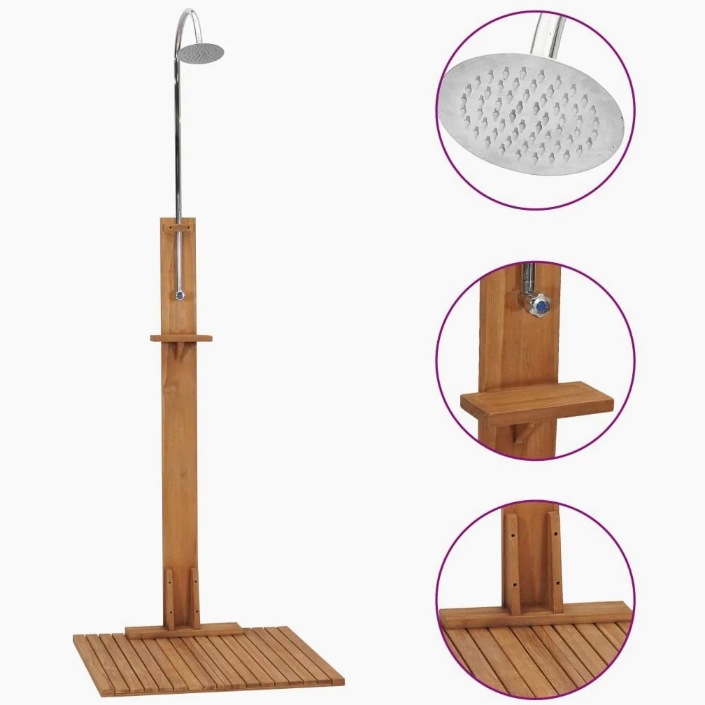 Ducha de jardín de madera maciza de teca 75 x 75 x 210 cm con tubo de acero inoxidable y estante, ducha de jardín exterior para jardín y piscina, suelo de madera antideslizante, fácil de usar