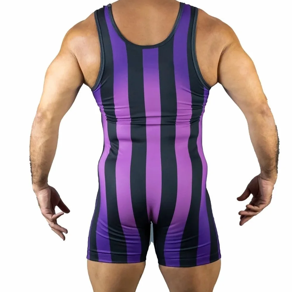 Camiseta interior de lucha para hombre, mono deportivo ajustado de rayas verticales moradas, sin mangas para boxeo, triatlón, gimnasio, fitness, levantamiento de pesas