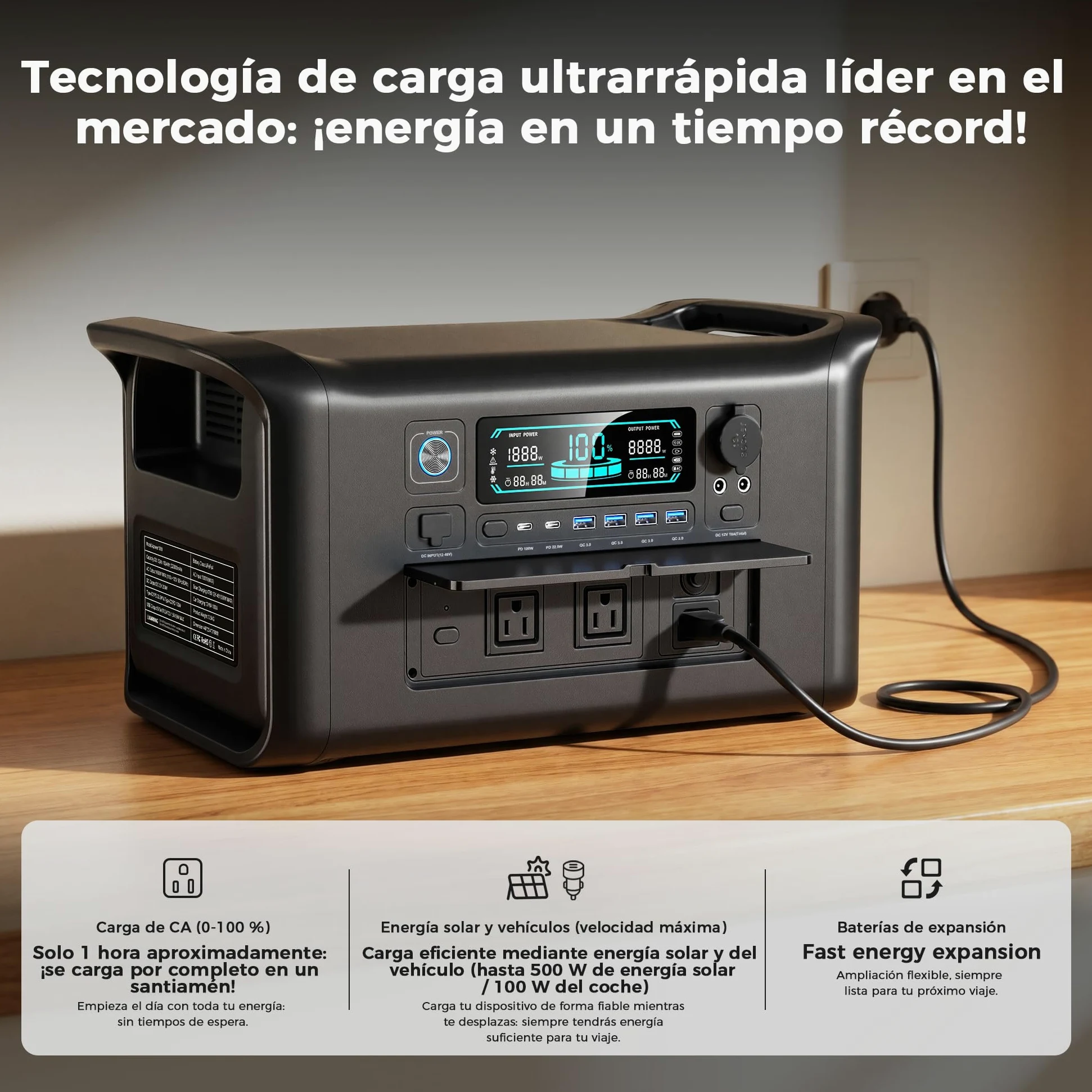 AP1000 Generador Solar Portatil 1800W Batería LiFePo4, Estación de energía portátil, Generador eléctrico para el hogar y camping, Batería LFP de 1024Wh para Camping Hogar Viajes Emergencias