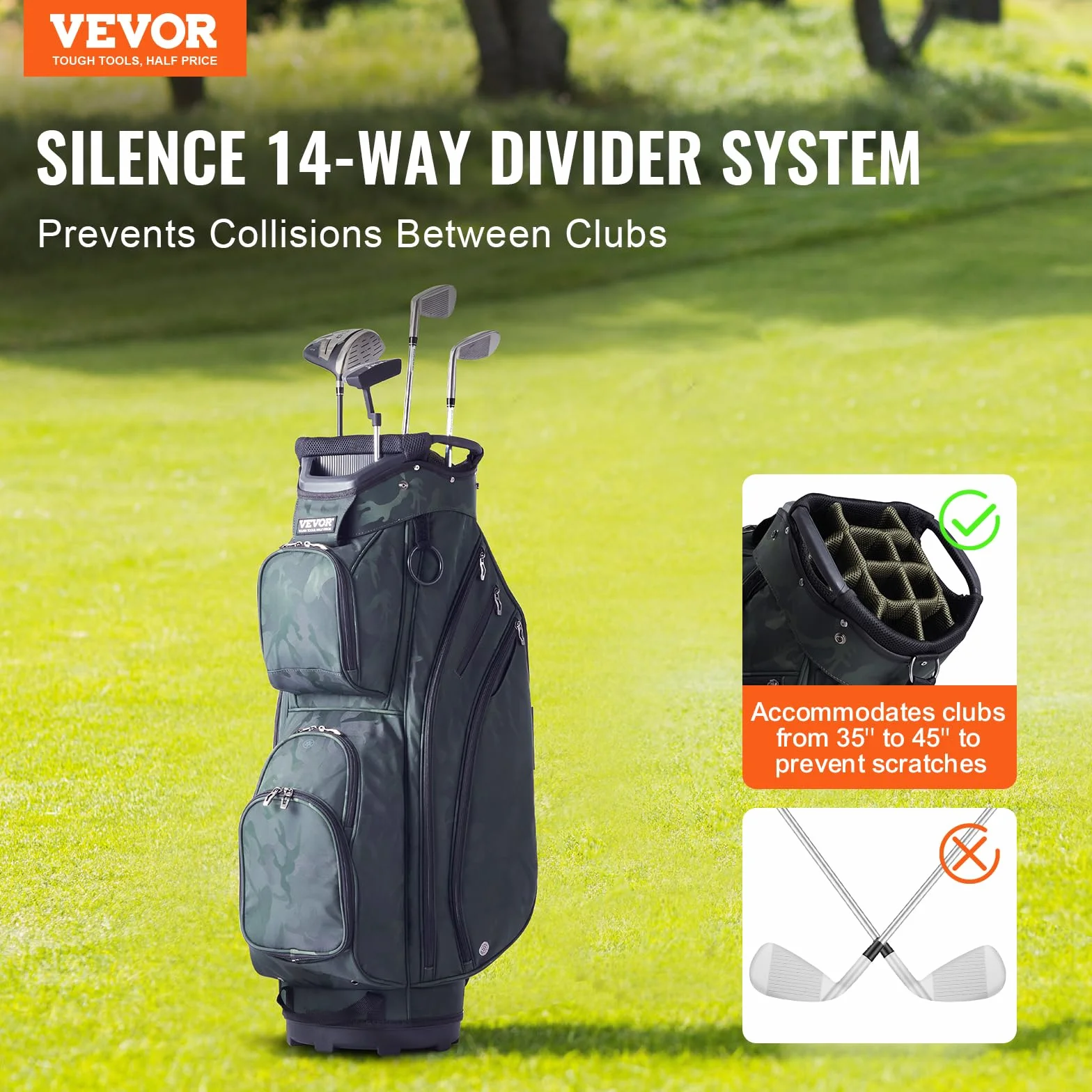 VEVOR Bolsa para Carrito de Golf 14 Vías, Organizadora Divisora, Bolsa de Soporte Duradera con Asas y Cubierta Antipolvo