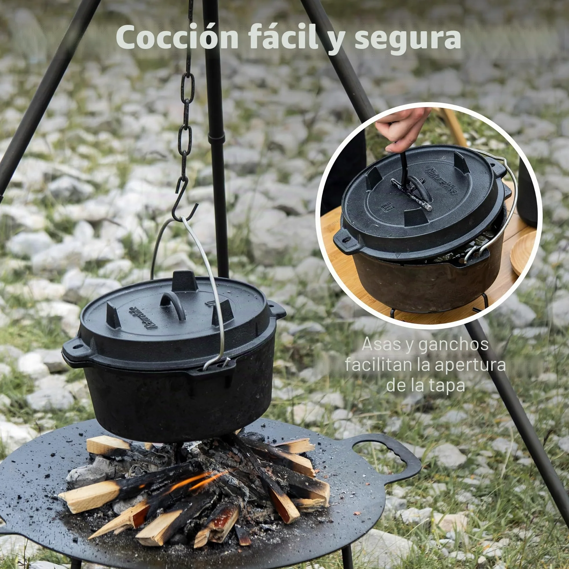 Naturehike Horno holandés de Campamento, Olla de Hierro Fundido de 4.25 Cuartos con Tapa de sartén 2 en 1, presazonado para Barbacoa al Aire Libre, Hornear, cocinar fogata con Mango de Metal