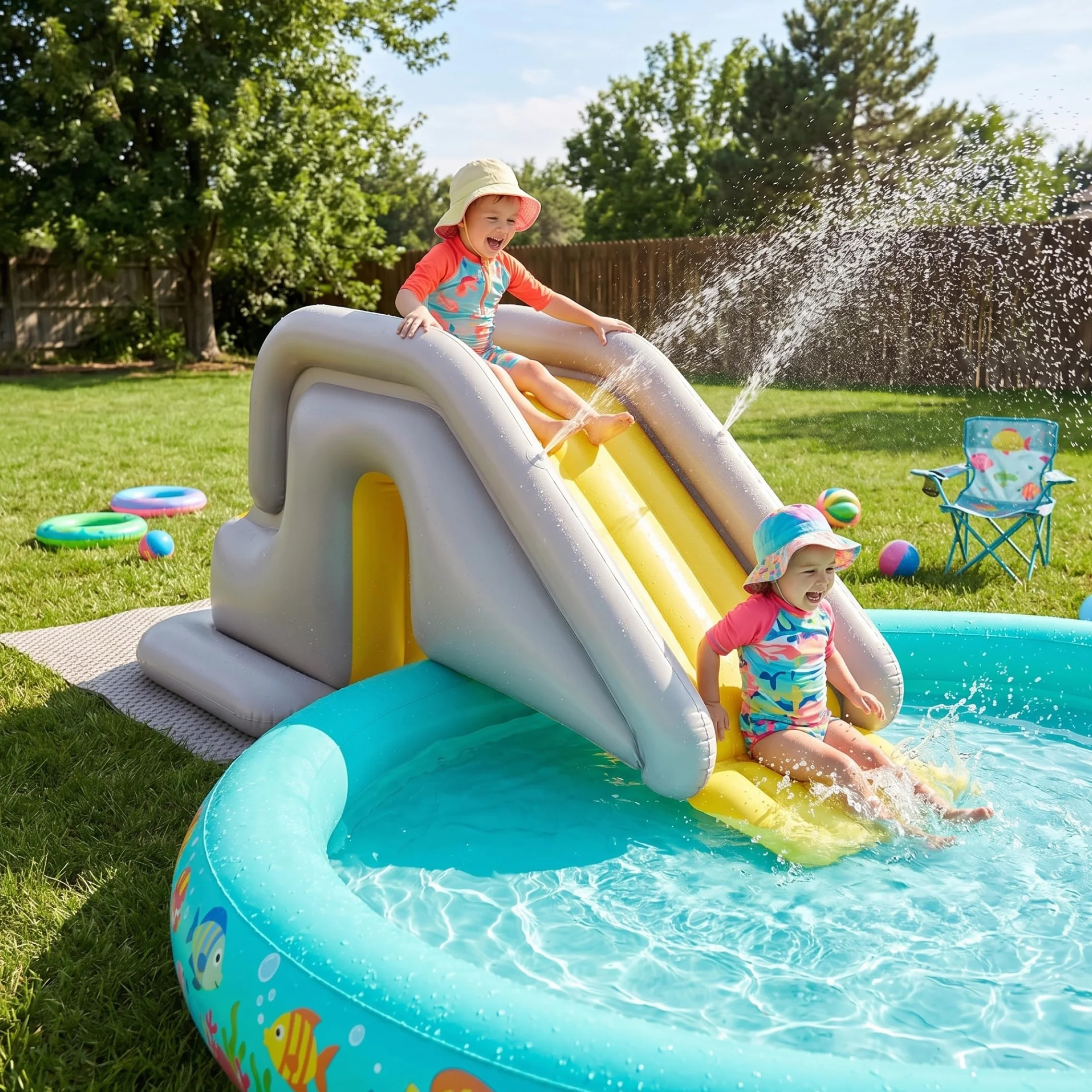 Tobogán inflable para piscina, tobogán para piscina con amplia base rellenable con agua: fácil instalación y almacenamiento de PVC para interiores y exteriores para niños adultos (caqui, con bomba